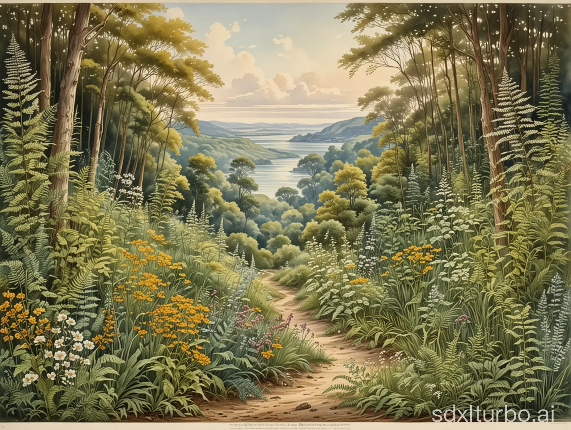 Fin de siecle Art Nouveau landscape with wildflowers, fern and trees, delicate detailed drawing and elaborate watercolor painting 