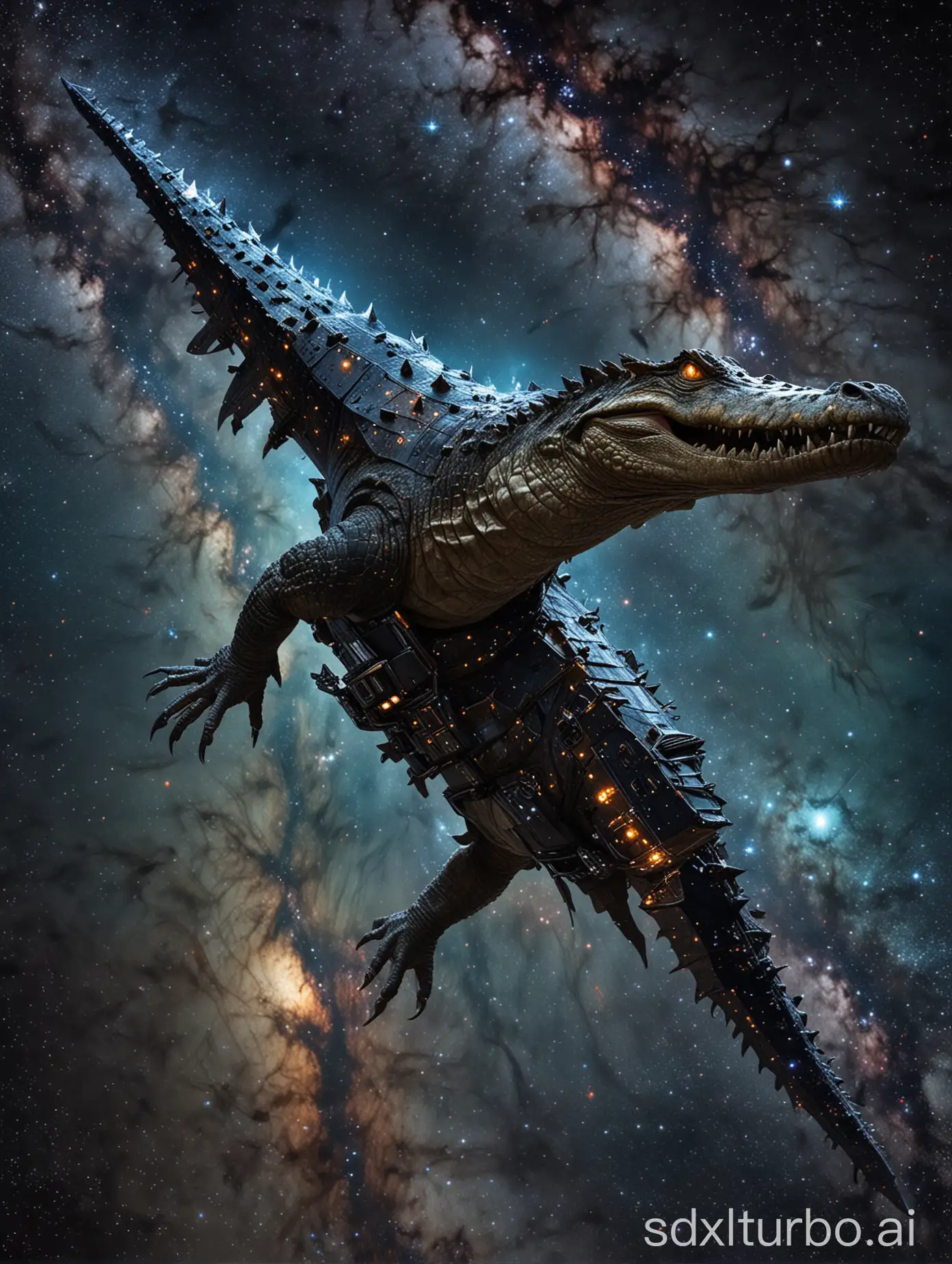 Imagine a giant crocodile wandering leisurely among the stars in the vastness of the universe. Its scales shone with starlight, as if wearing a layer of galactic armor. Its eyes are like two bright stars, revealing a hint of mystery. Its tail swings through space, as if maneuvering the surrounding nebulae and planets. This outer space crocodile is a space pirate's mount and explores the unknown sea of stars with its owner.