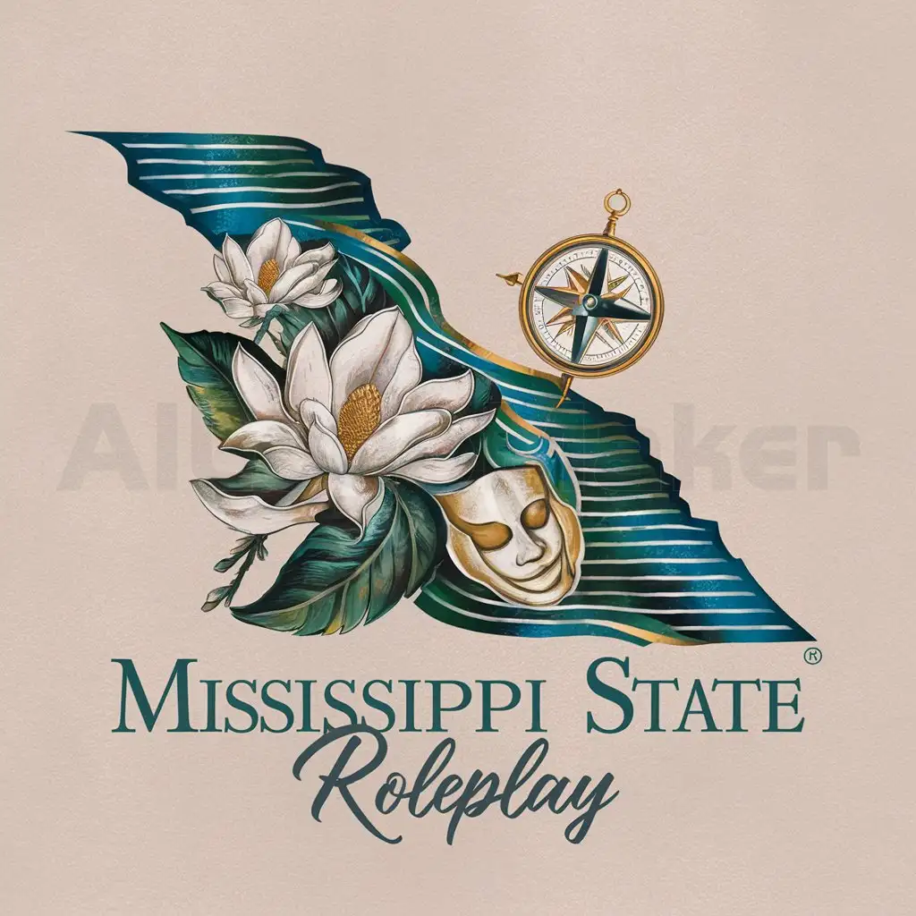 a logo design,with the text "Mississippi Sate", main symbol:The logo should represent Mississippi State Roleplay. It should include the Mississippi River, Magnolia flowers or state outline as well as subtle symbols of role playing such as a map, compass, or theatrical mask. The color palette to use should have a range of deep blues and greens with hints of white and gold.  Choose an elegant serif font for 'Mississippi State' and a playful or script font for 'Roleplay.' Ensure the design is symmetrical, scalable, and created in a vector format for versatility. Make it illustrated.,Moderate,be used in Entertainment industry,clear background