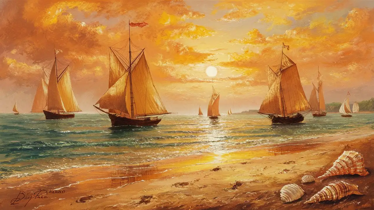 Impressionism painting of sailboats off of a sandy coast.