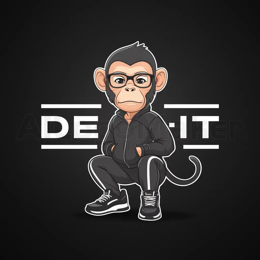 a logo design,with the text "Denit", main symbol:Monkey in glasses, in black sneakers, in black jacket and in black sports pants with short haircut,complex,be used in Sports Fitness industry,clear background