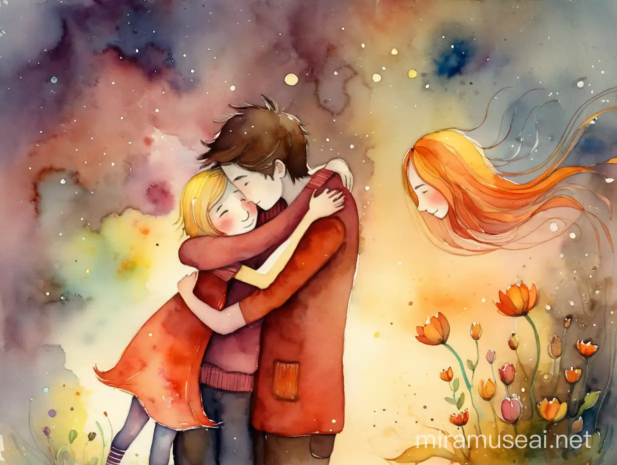 парень и девушка обнимаются, watercolour style by Alexander Jansson
