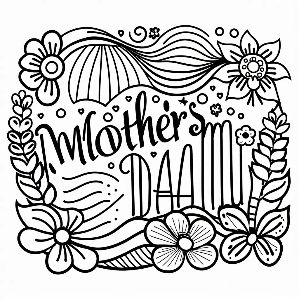 Mother's Day, Coloring Page, black and white, line art, white background, Simplicity, Ample White Space. The background of the coloring page is plain white to make it easy for young children to color within the lines. The outlines of all the subjects are easy to distinguish, making it simple for kids to color without too much difficulty