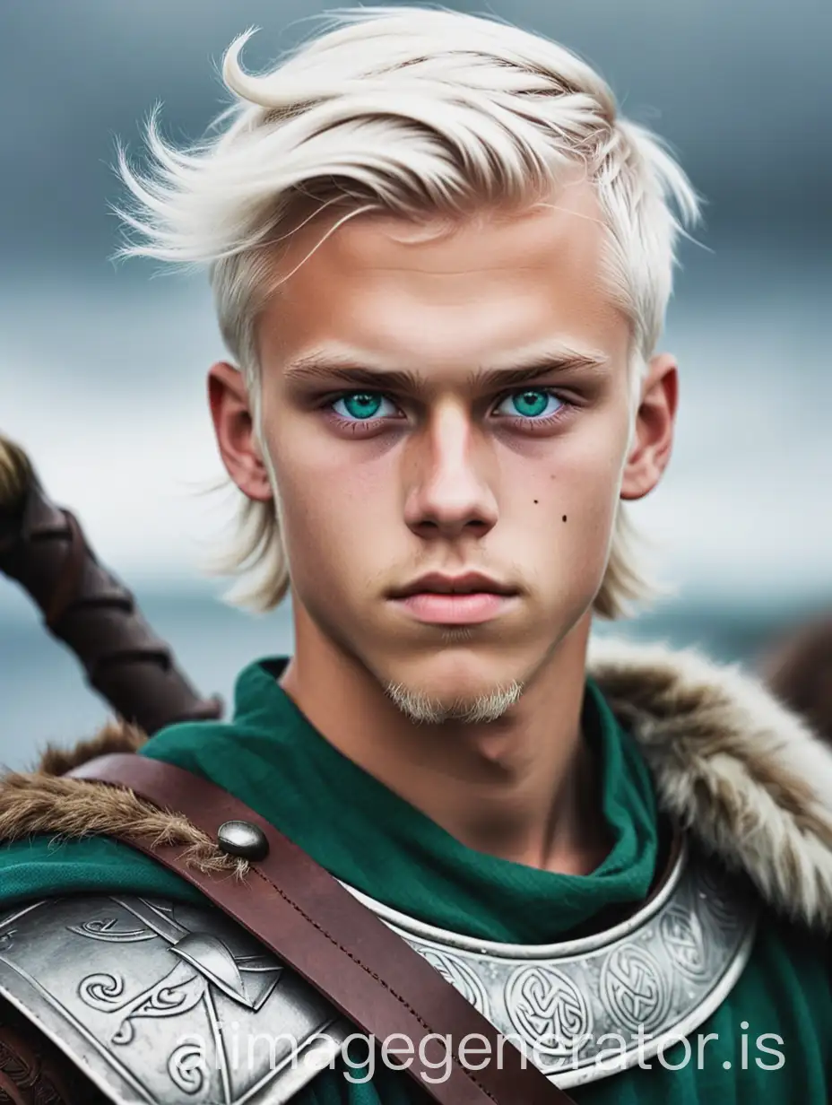Viking Marco Ilsø. 19--years-old. Short white hair. Blue eyes eyes. Brown skin. 195 cm tall height Dressing green viking warrior clothing.