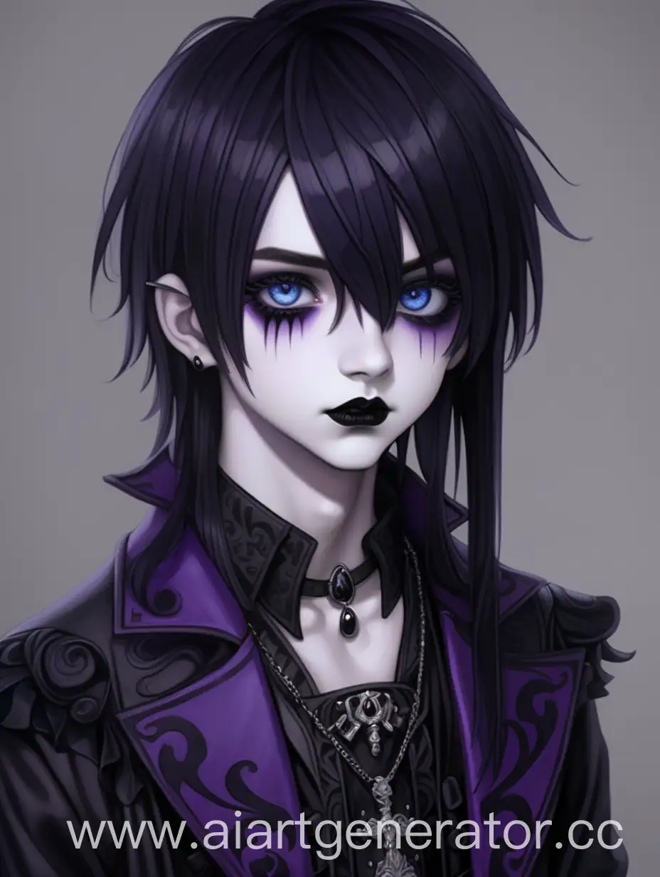 голубоглазый мальчик 13-15 лет,одетый в готическую одежду, черная помада на нем, черные тени вокруг глаз,с фиолетово черными волосами в полный рост