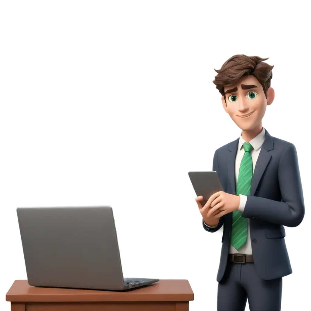 Professional-Cartoon-PNG-Image-of-a-BrownHaired-Accountant-with-Green-Eyes-Holding-a-Laptop-and-Reports