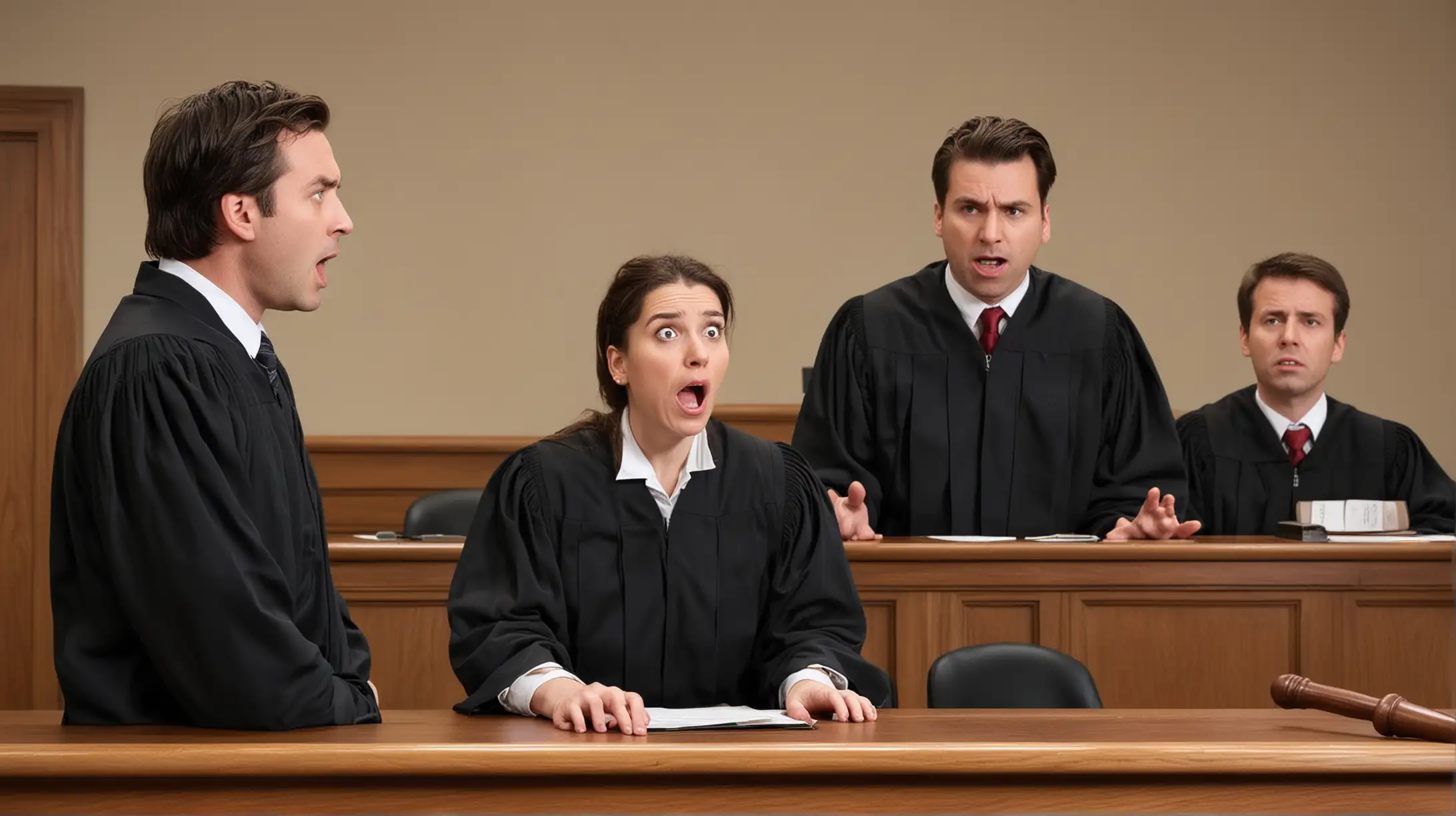 Courtroom Scene with Shocked Judge Attorney and Defendant