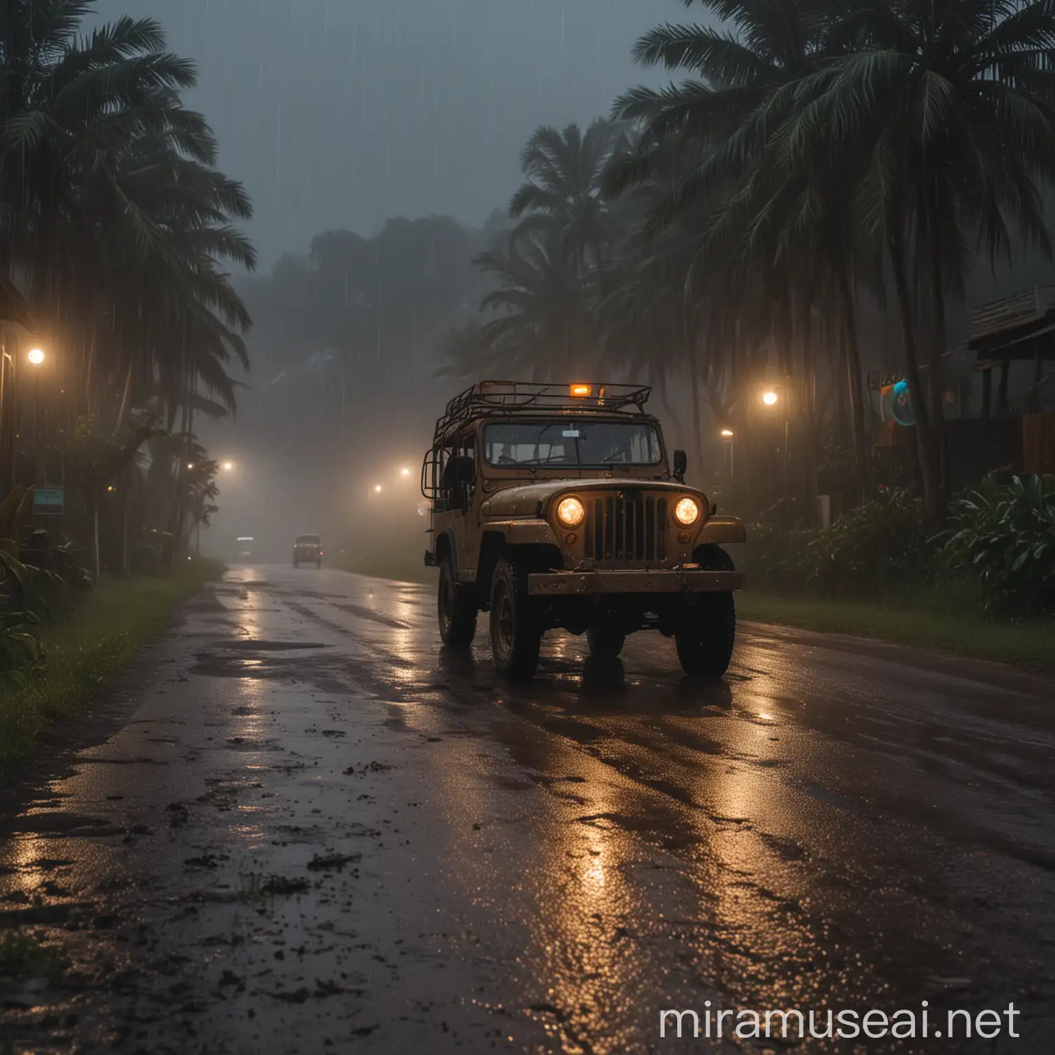 Rainy Night Journey Old Jeep Approaching Vintage Resort with Lone Girl