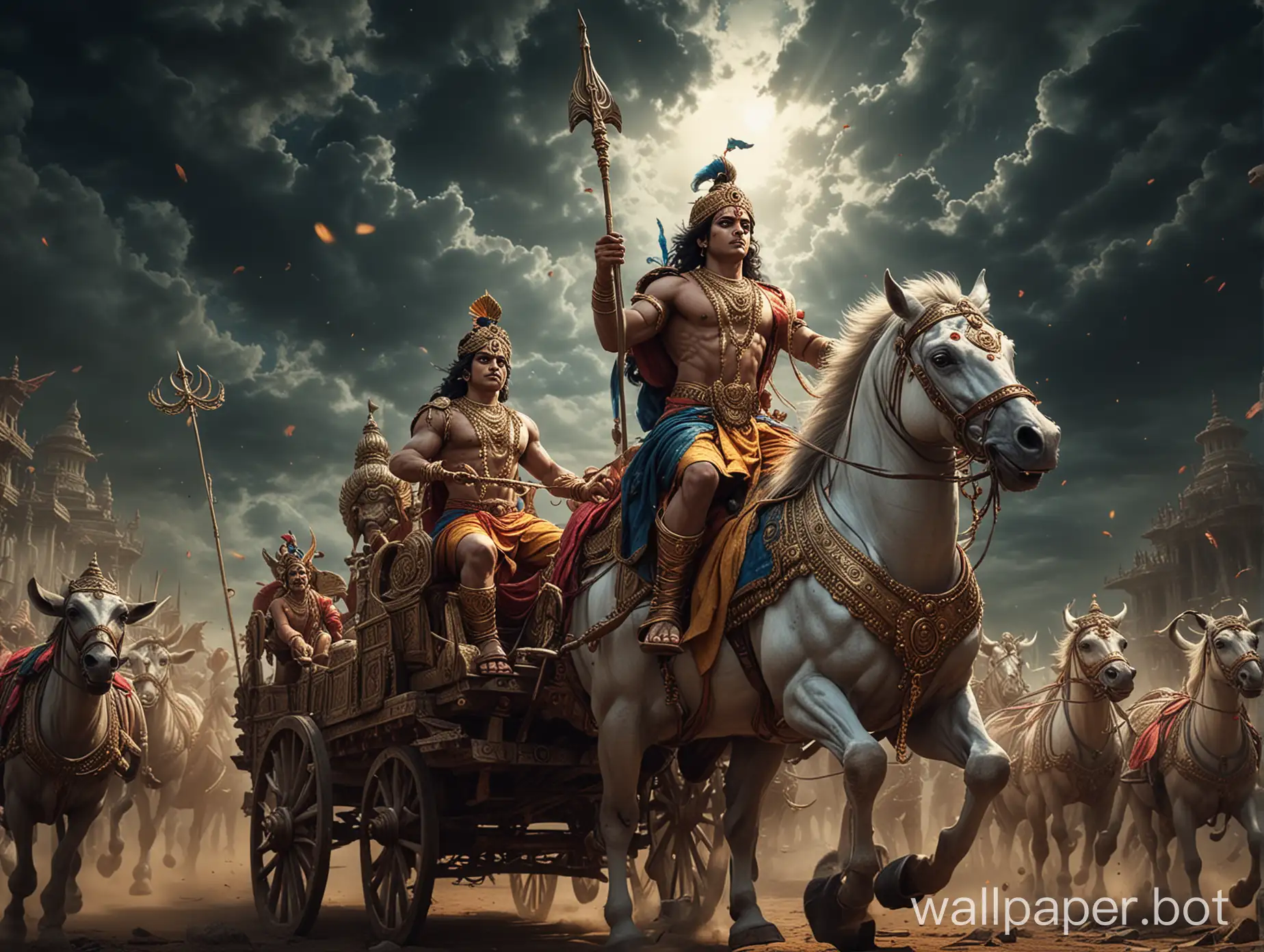 generate 4k wallpaper for pc on lord krishna riding the chariot of arjuna in mahabharata.