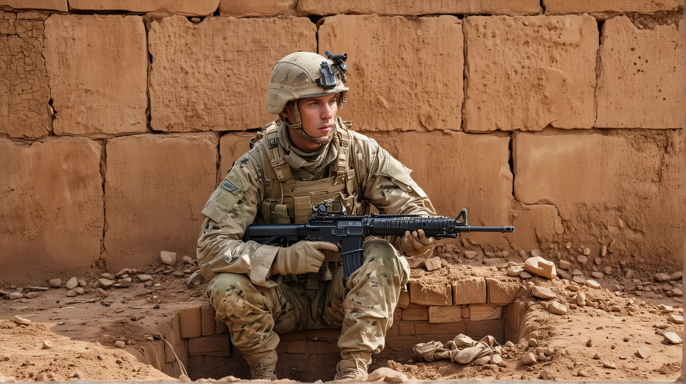 Modern Soldier in Multicam Gear with Light Machine Gun in Dirt Dugout