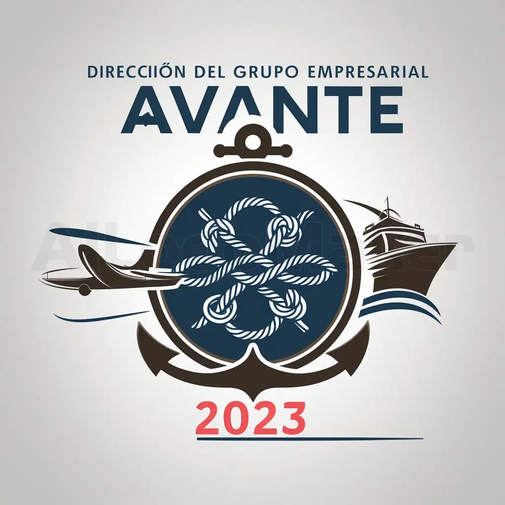 a logo design,with the text "DIRECCIÓN DEL GRUPO EMPRESARIAL AVANTE", main symbol:round with letters in blue king color of sailor's knots white, with white background, brown anchor on top inside, on the right side a ship, on the left side a plane, 2023 en red,complex,be used in corporacion industry,clear background