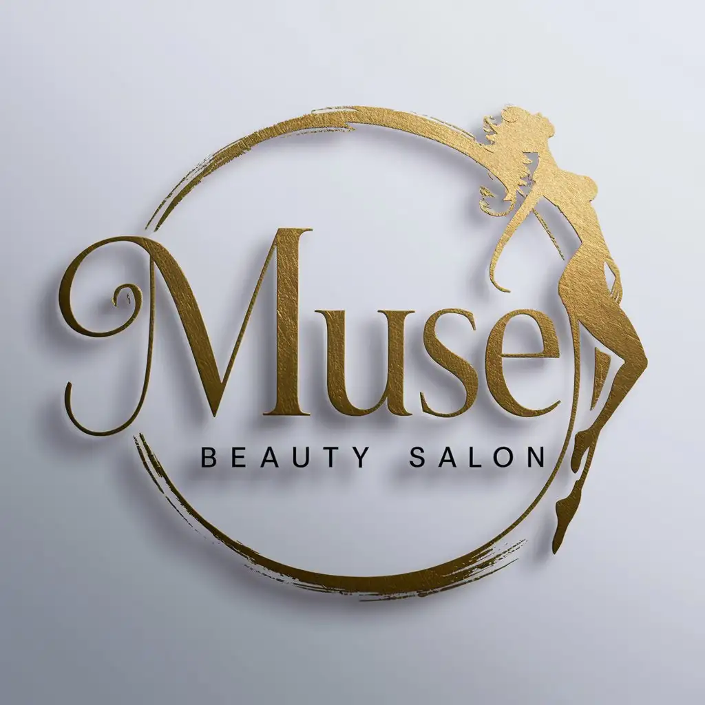 a logo design,with the text "Muse", main symbol:Logo for a beauty salon: The word 'Muse' in a beautiful font inside a woman in gold or a silhouette of a woman in gold paint,Moderate,clear background