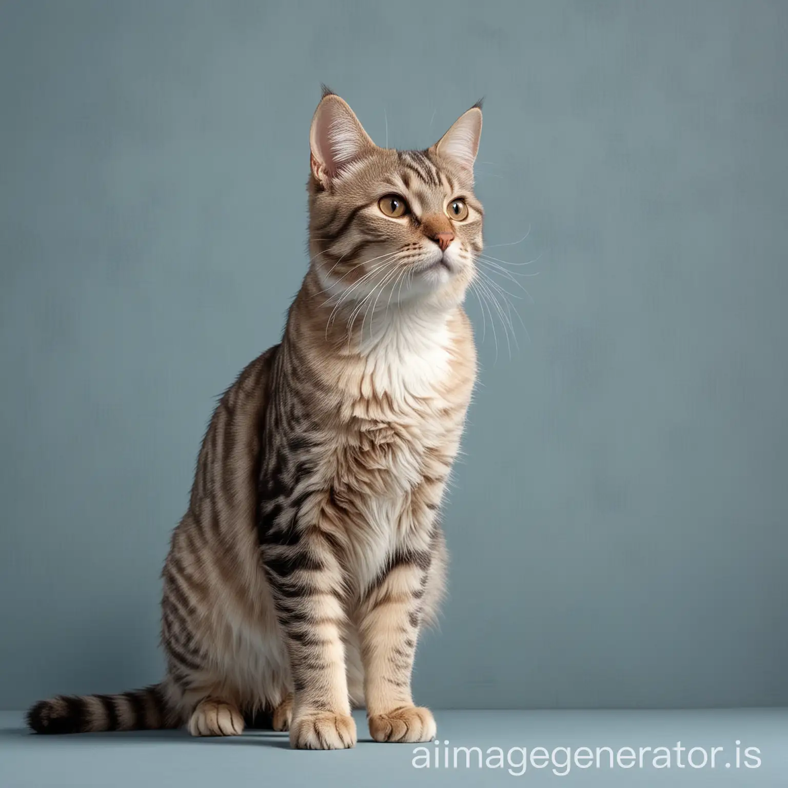 american bobtail cat standing against a sky blue wall with a greyish shade. the image should be of width 330px and height 300px. The image should be realistic and more rendering