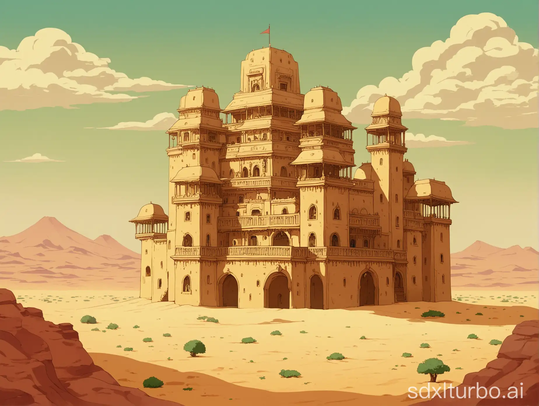 Palace in the desert in the painting style of Hayao Miyazaki