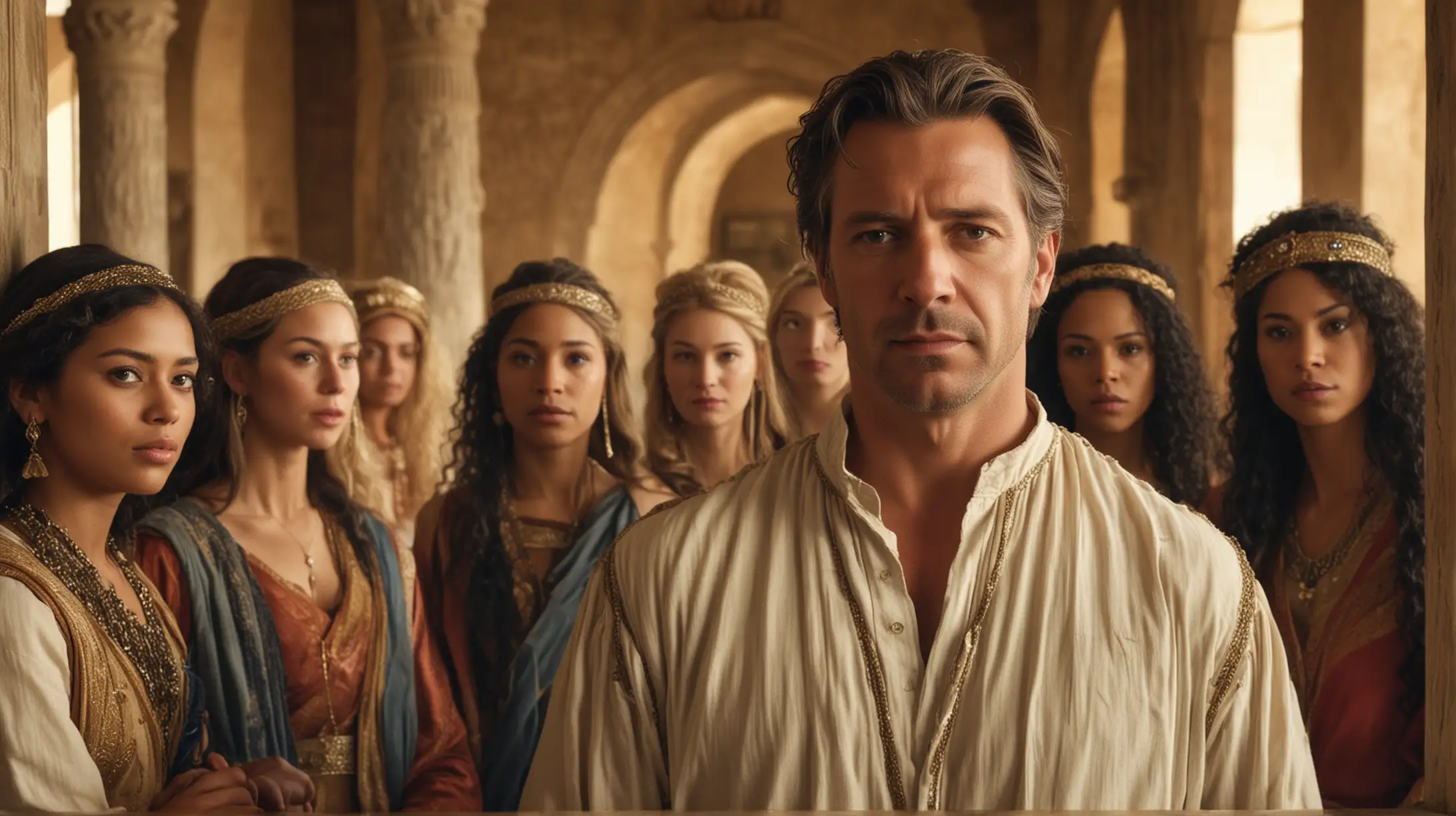 A middle aged handsome man in his palace with several different women around him from different races. Set during the biblical era of  Joshua.