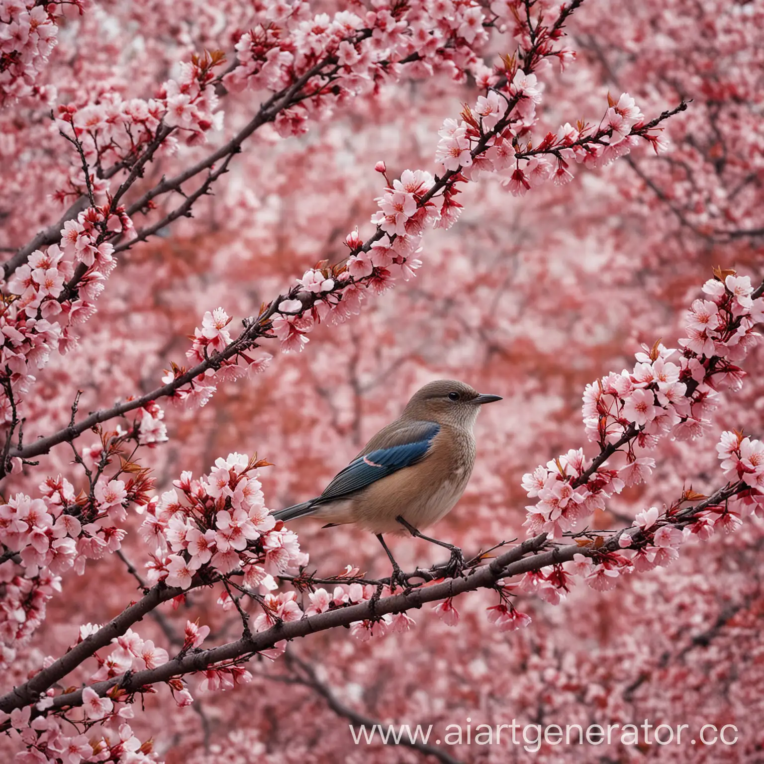 Bird-in-Japanese-Cherry-Blossom-Tree-Serene-Scene-of-Natures-Beauty