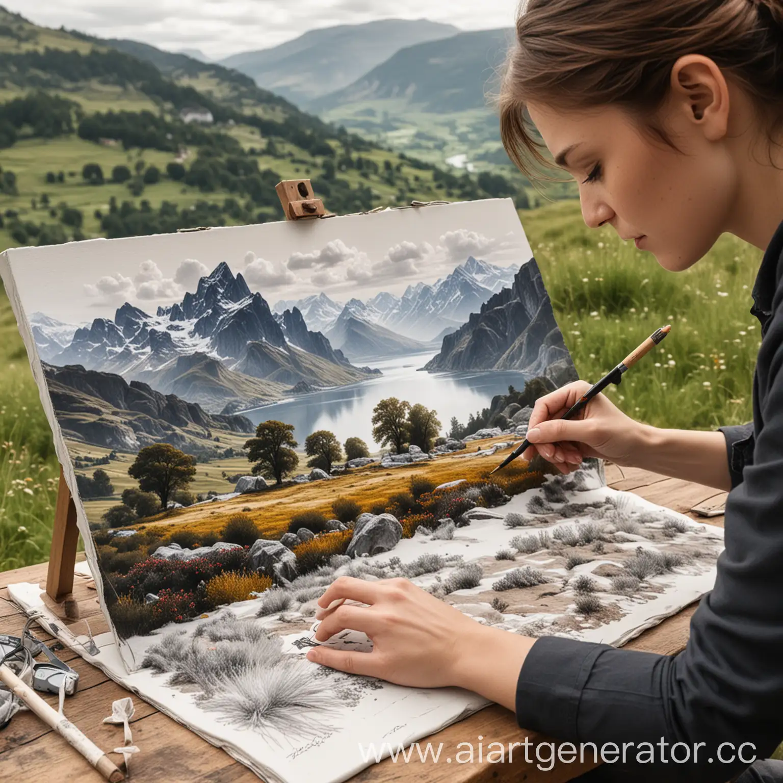  Фотография с  человеком, который  рисует  на  холсте  с помощью  специальных  перчаток,  на  холсте  появляется  красивый  пейзаж.
