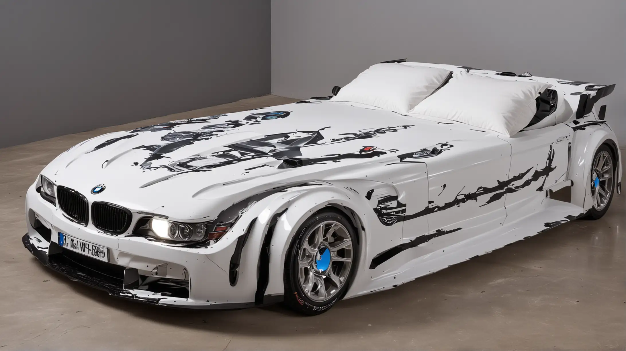 Luxurious Double Bed Shaped Like a BMW Car with Illuminated Headlights and Splash Graphics