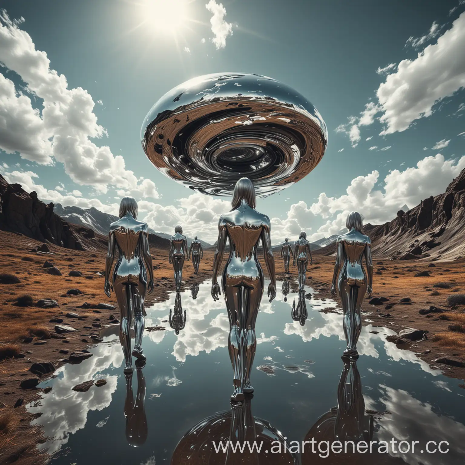 Giant-Levitating-Chrome-People-Exploring-a-Surreal-Planet