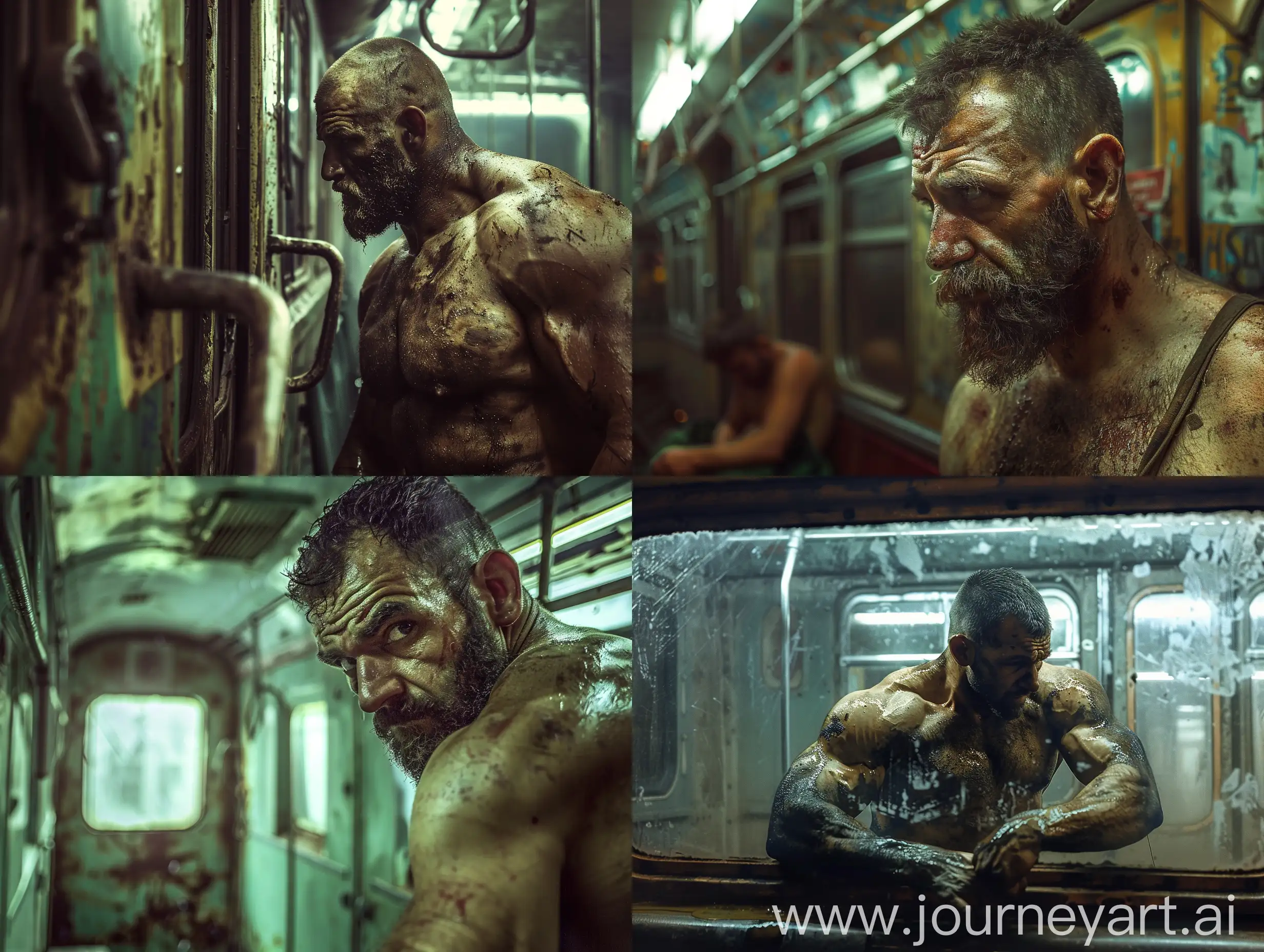 a strange industrial world, a very muscular worker is returning home in a shabby metro train, very tired, closeup, wide angle. ultrahd, a prize-winning photo, weary workers,