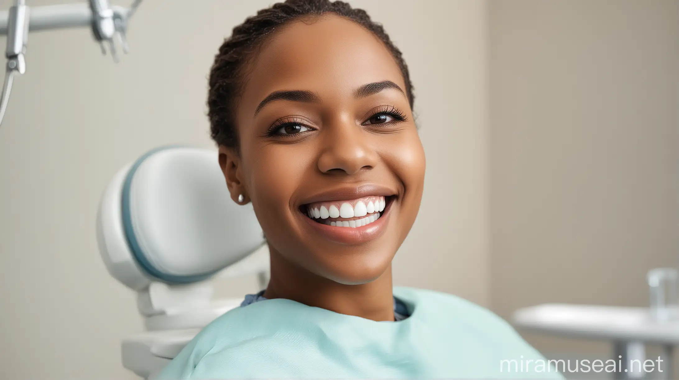 realistic african american sitting in a dentist chair smiling with a good white teeth