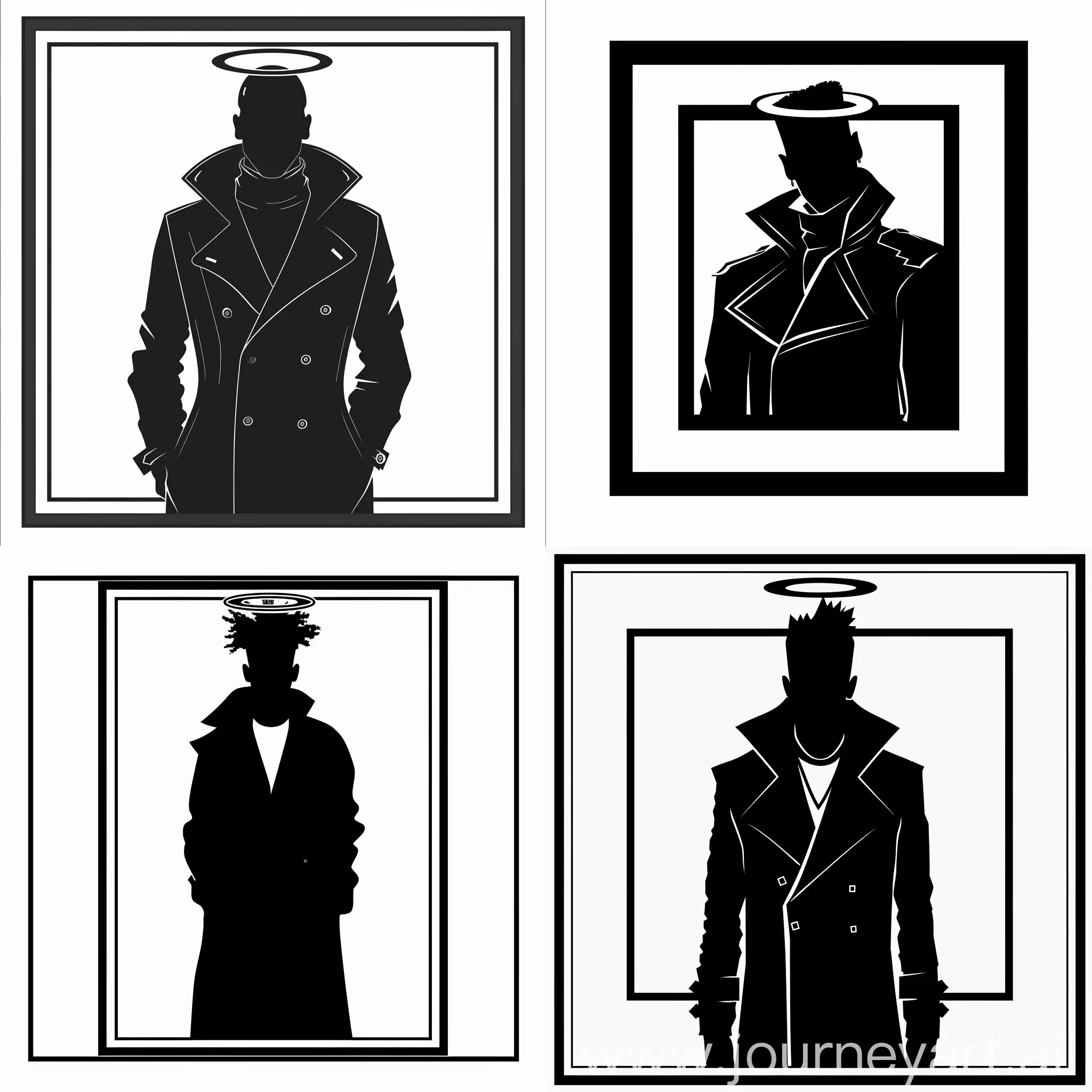 clothing brand logo, all black silhouette in a coat, with a halo on his head, in a square frame
