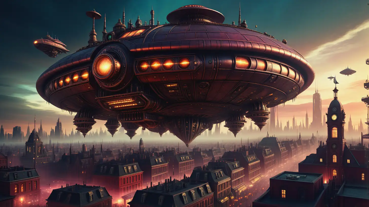 A large Steampunk city at twilight, a huge alien spacecraft hovering over it. Photographic quality, cinematic lighting, vibrant colors.