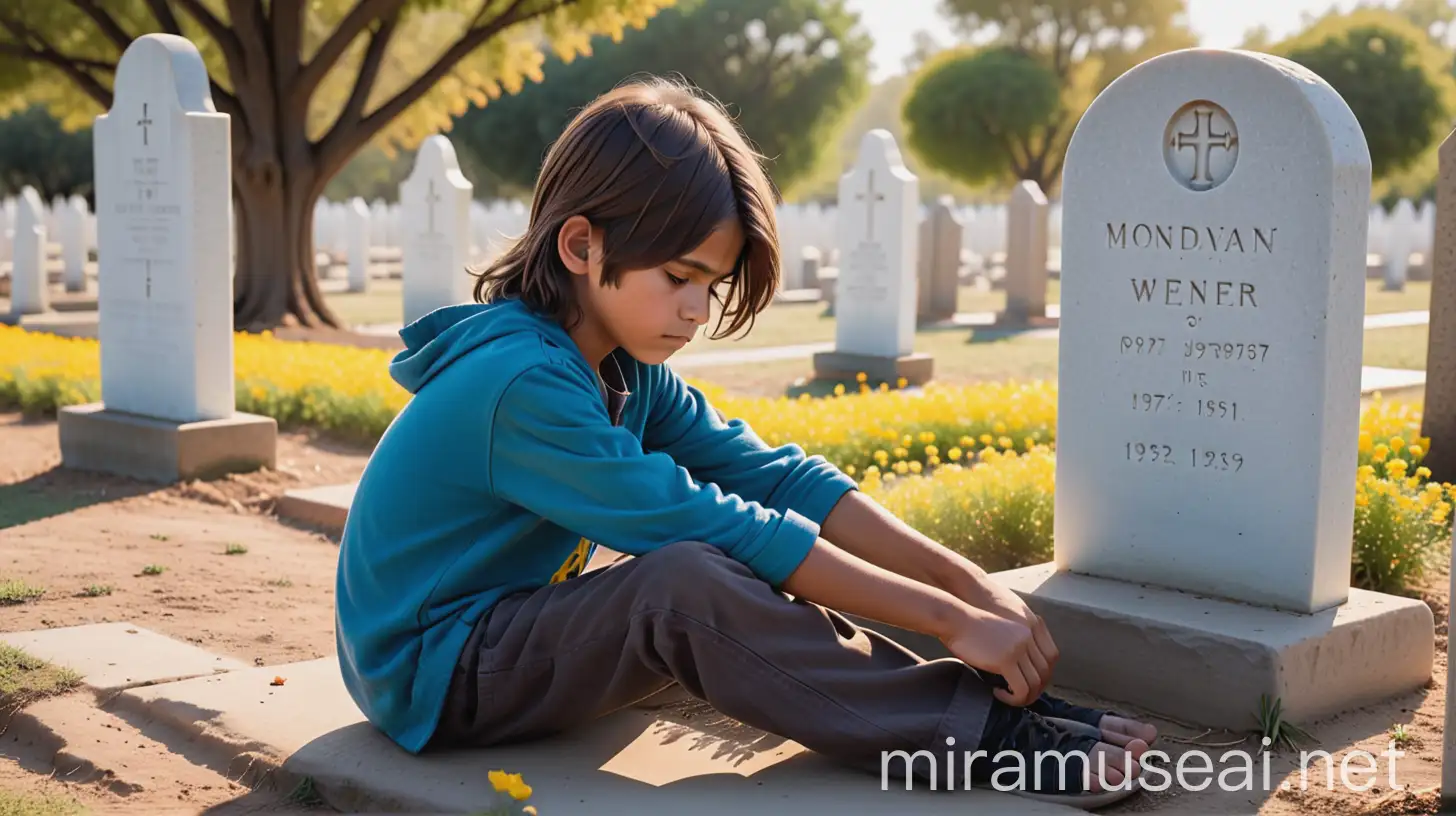 Magical Boy Growing Yellow Flowers on His Mothers Grave in a Neglected Indian Reservation Cemetery