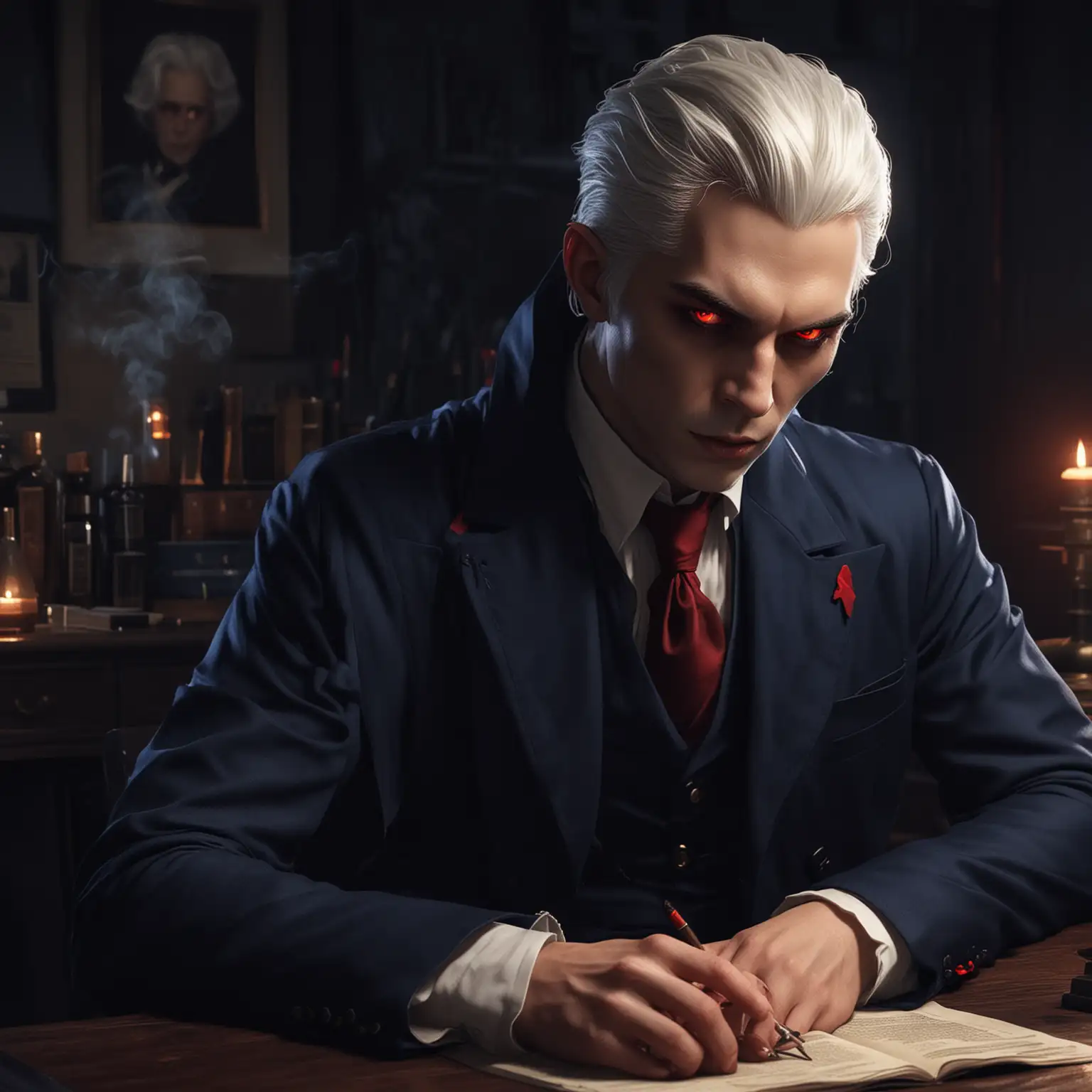 A male Ventrue vampire, white hair, sitting by a desk, red glowing eyes, smoking, wearing a dark blue suit, at night, realistic