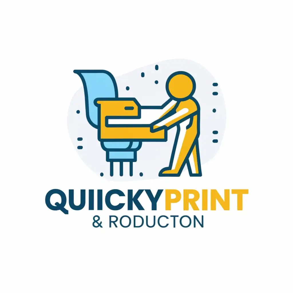 a logo design,with the text "Quickly Print & Production", main symbol:Flex Print machine and man image and text in same line,Minimalistic,clear background