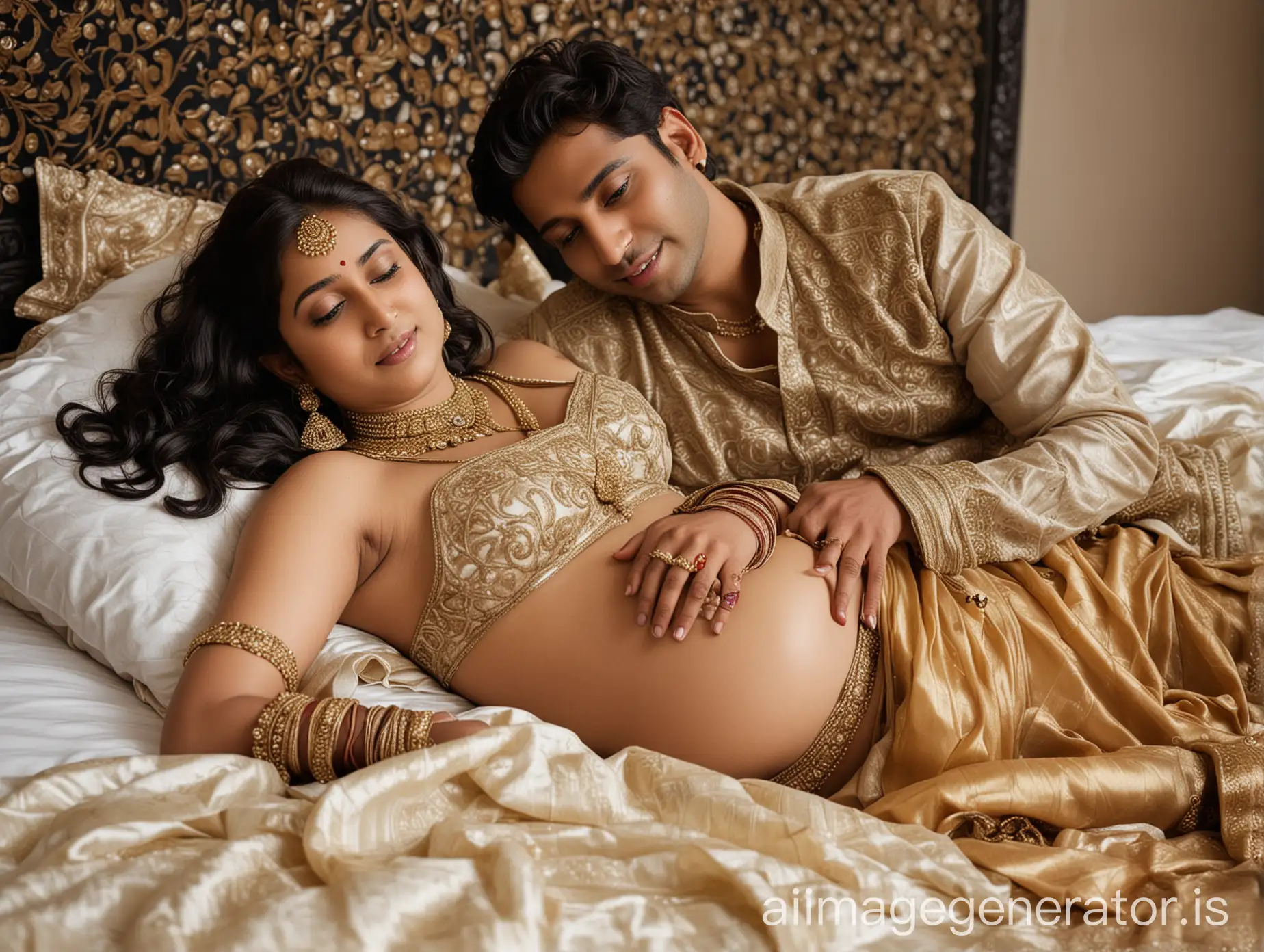 Generate a 20 year old pregnant very busty and curvy completely nude Indian woman half lying down on a black bed sideways wearing wedding jewelry beside her male boyfriend wearing saree with jewelry