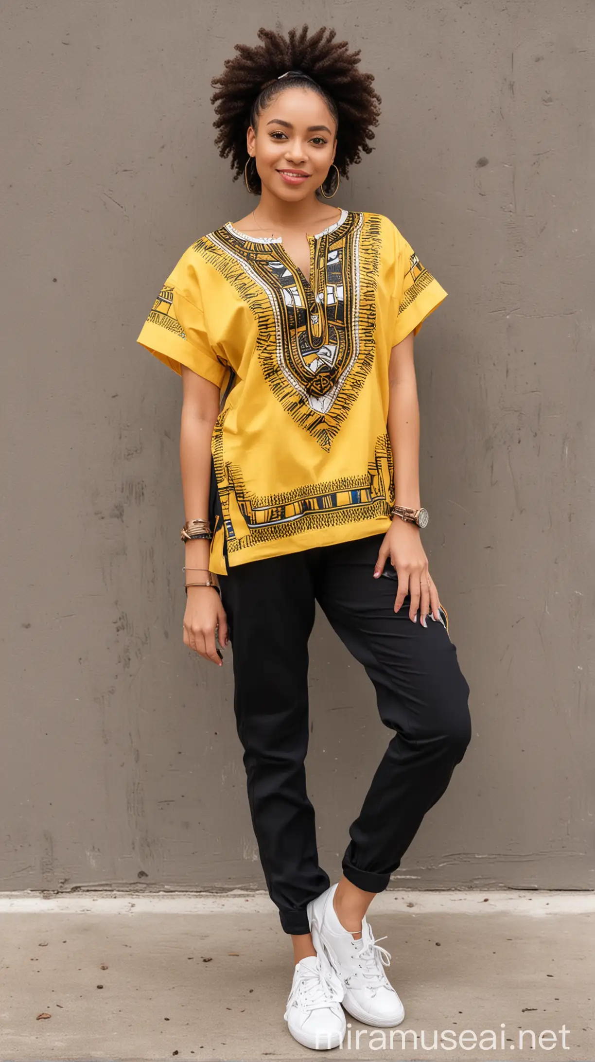 African light skinned woman wearing plain yellow Dashiki shirt and black Pants and white sneakers