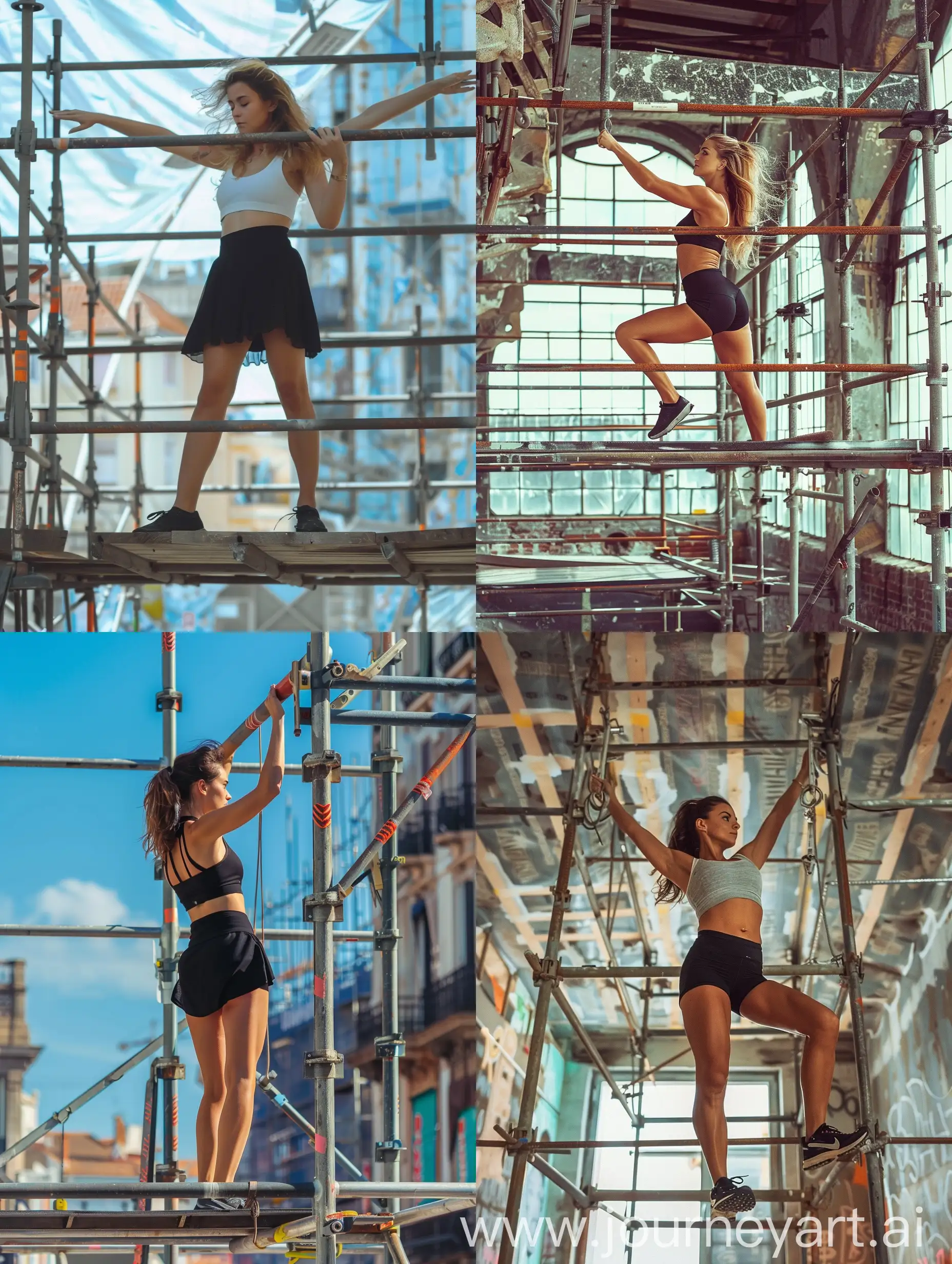 A beautiful woman, black skirt, fitness, is working on a steel scaffold under construction
