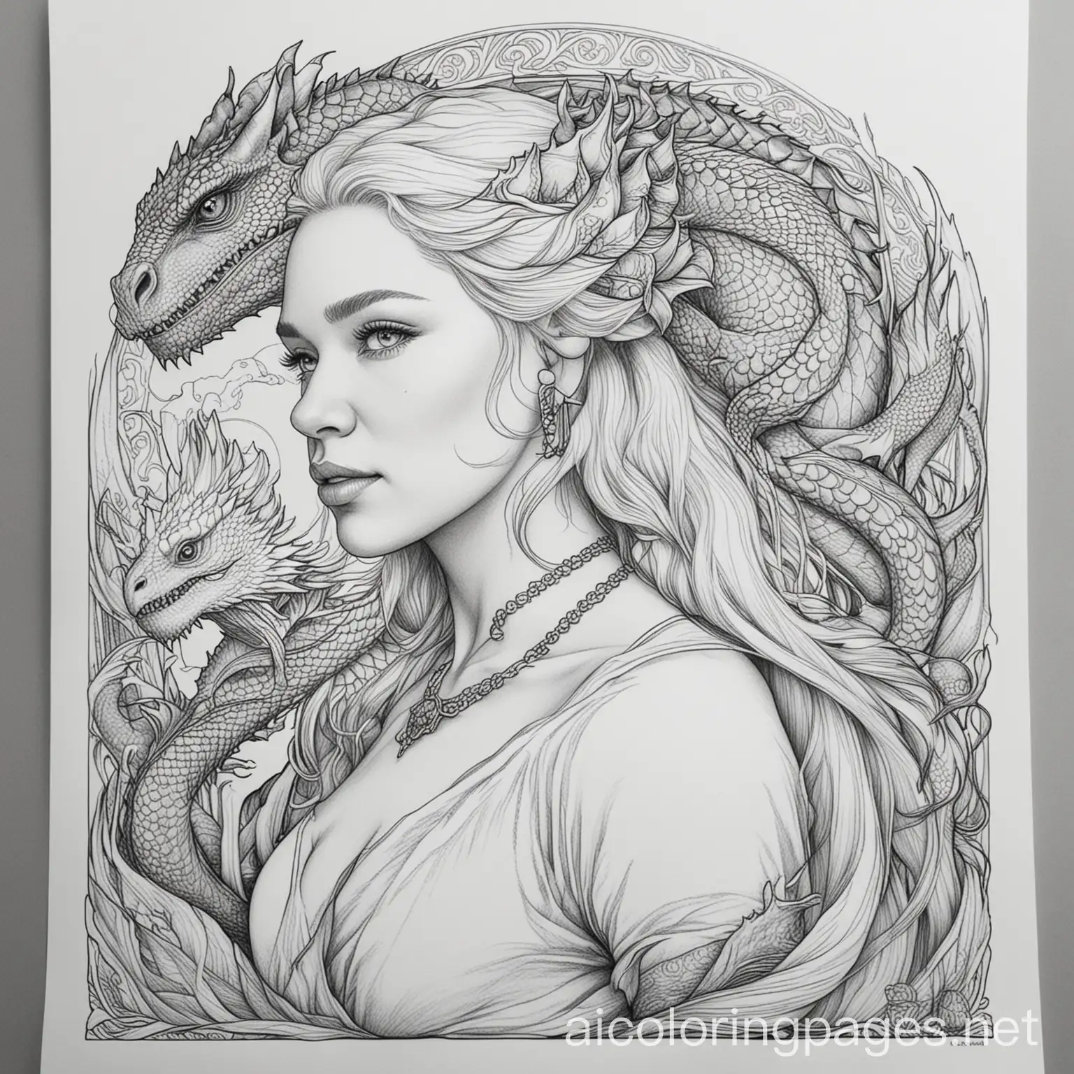 Mother of dragons, Coloring Page, black and white, line art, white background, Simplicity, Ample White Space. The background of the coloring page is plain white to make it easy for young children to color within the lines. The outlines of all the subjects are easy to distinguish, making it simple for kids to color without too much difficulty