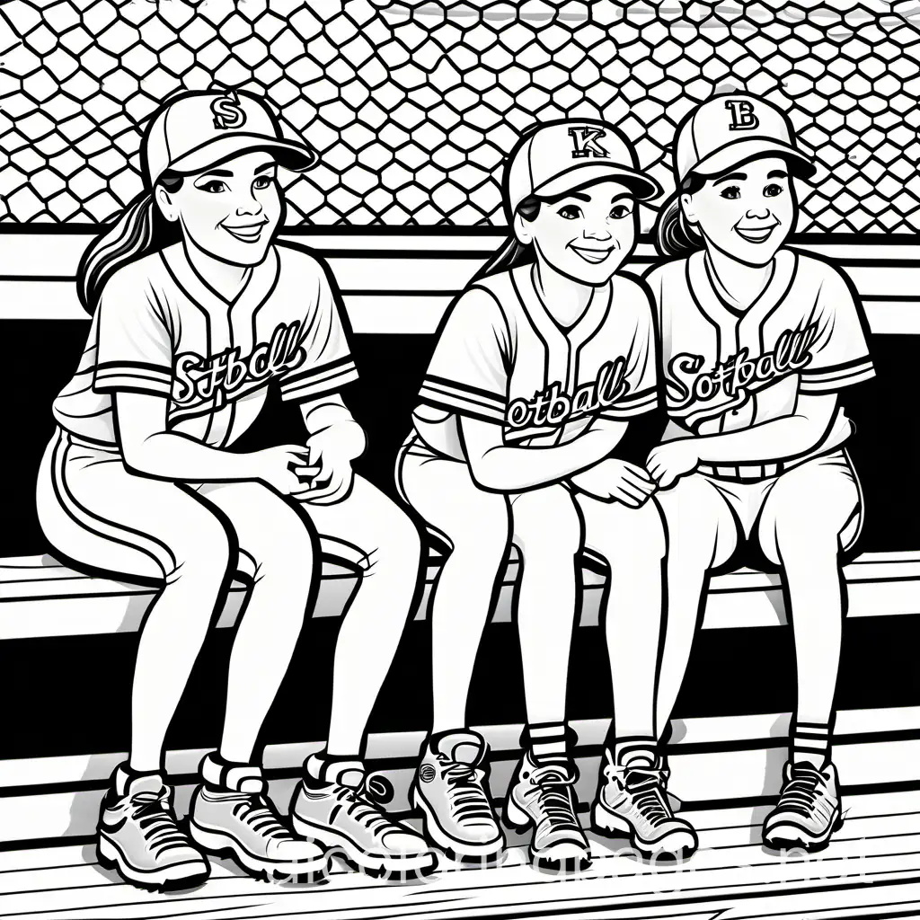 softball girls in dugout, Coloring Page, black and white, line art, white background, Simplicity, Ample White Space. The background of the coloring page is plain white to make it easy for young children to color within the lines. The outlines of all the subjects are easy to distinguish, making it simple for kids to color without too much difficulty