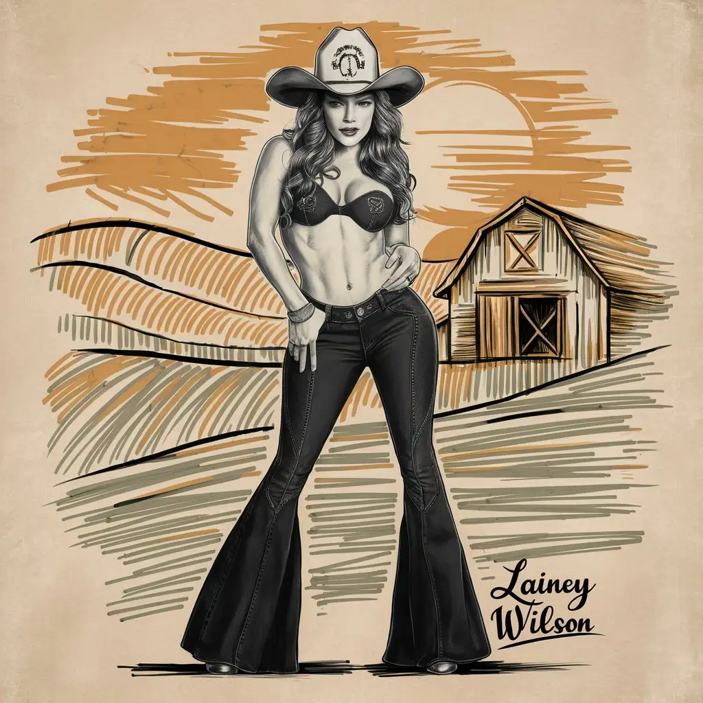  a sketch of Lainey Wilson, big butt wearing bell bottoms and a charlie 1 horse hat, country western insignia as background