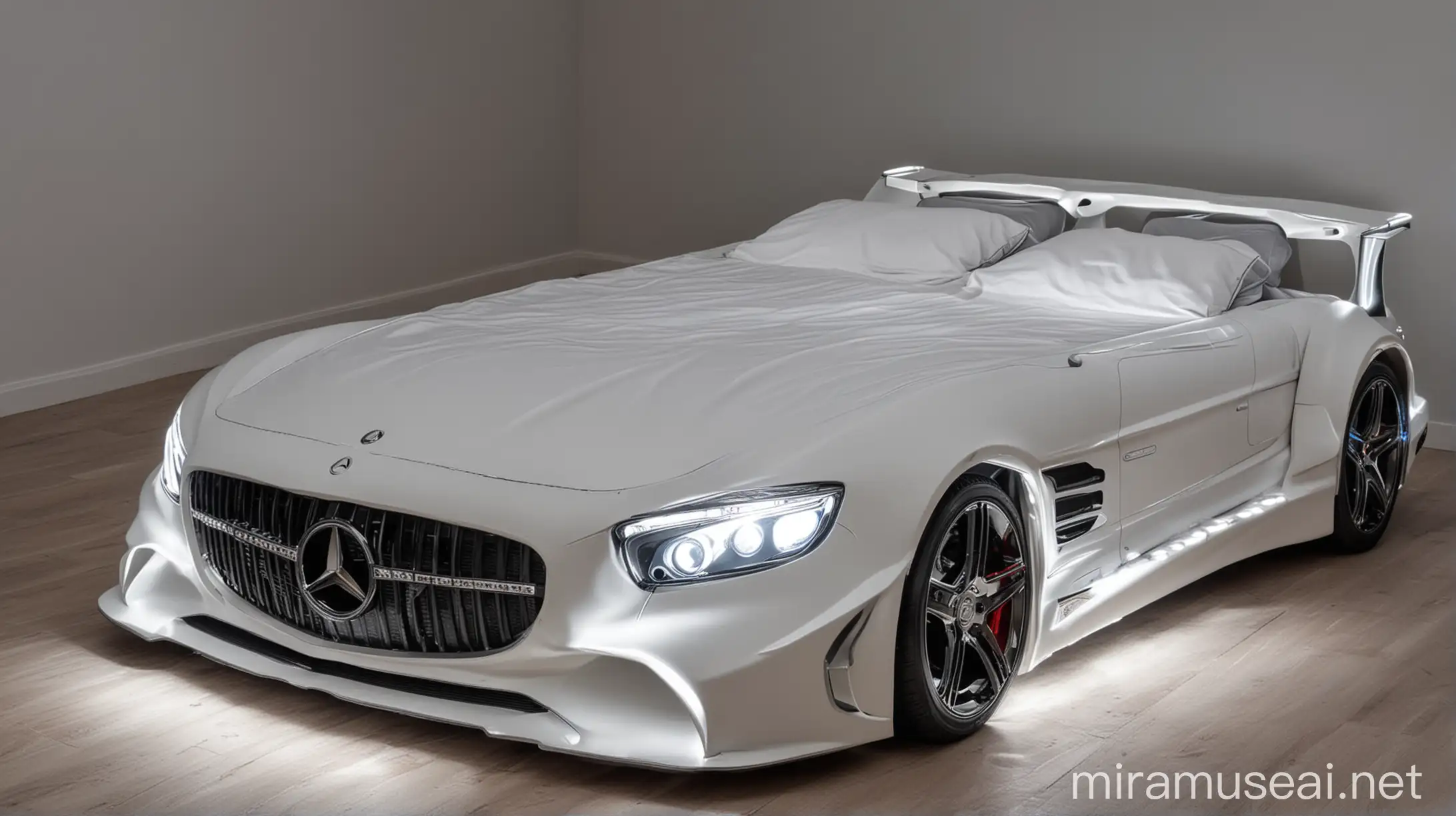 Luxurious Double Bed Shaped like Mercedes AMG Car with Illuminated Headlights