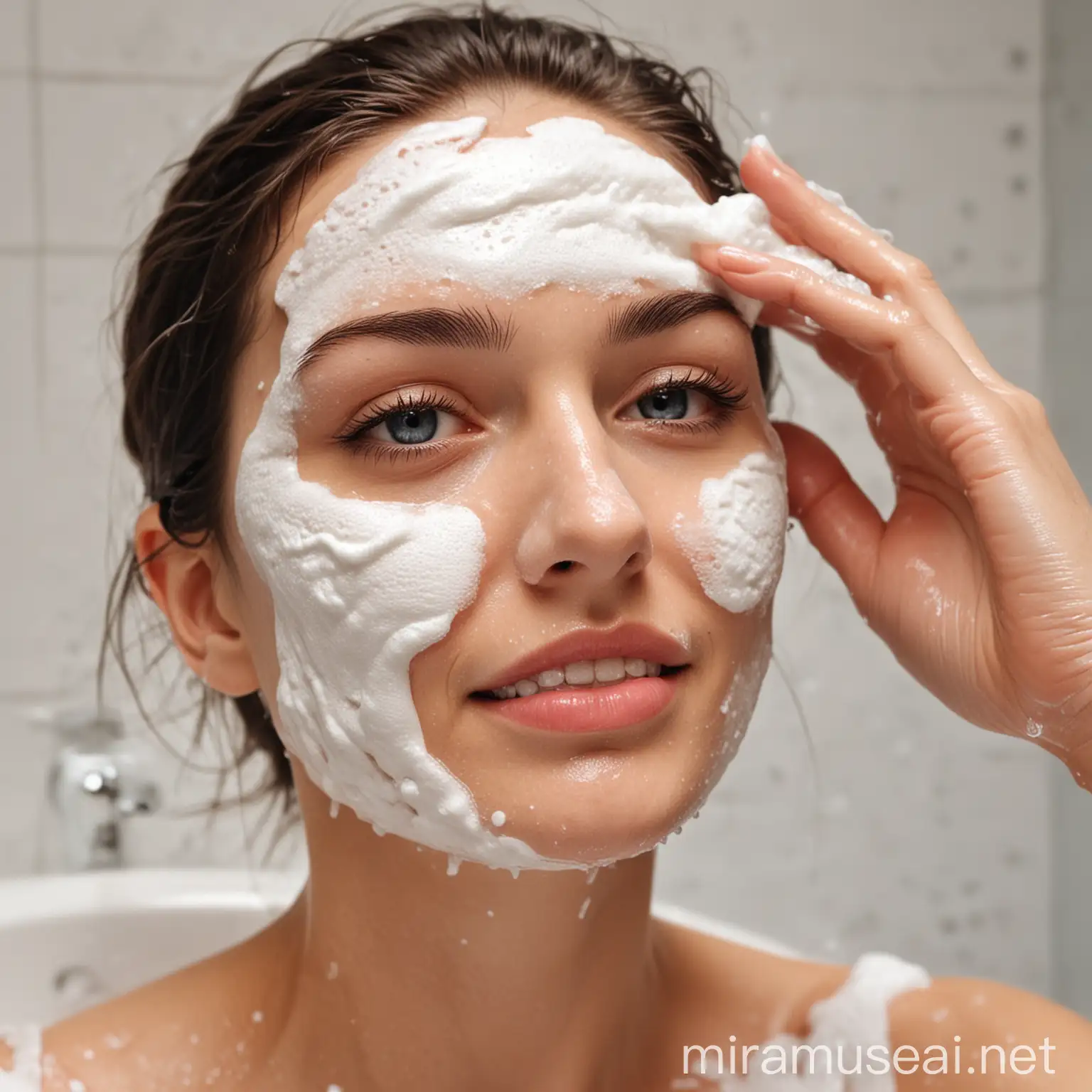 Woman Washing Face with Foamy Cleanser for Refreshing Skincare Routine