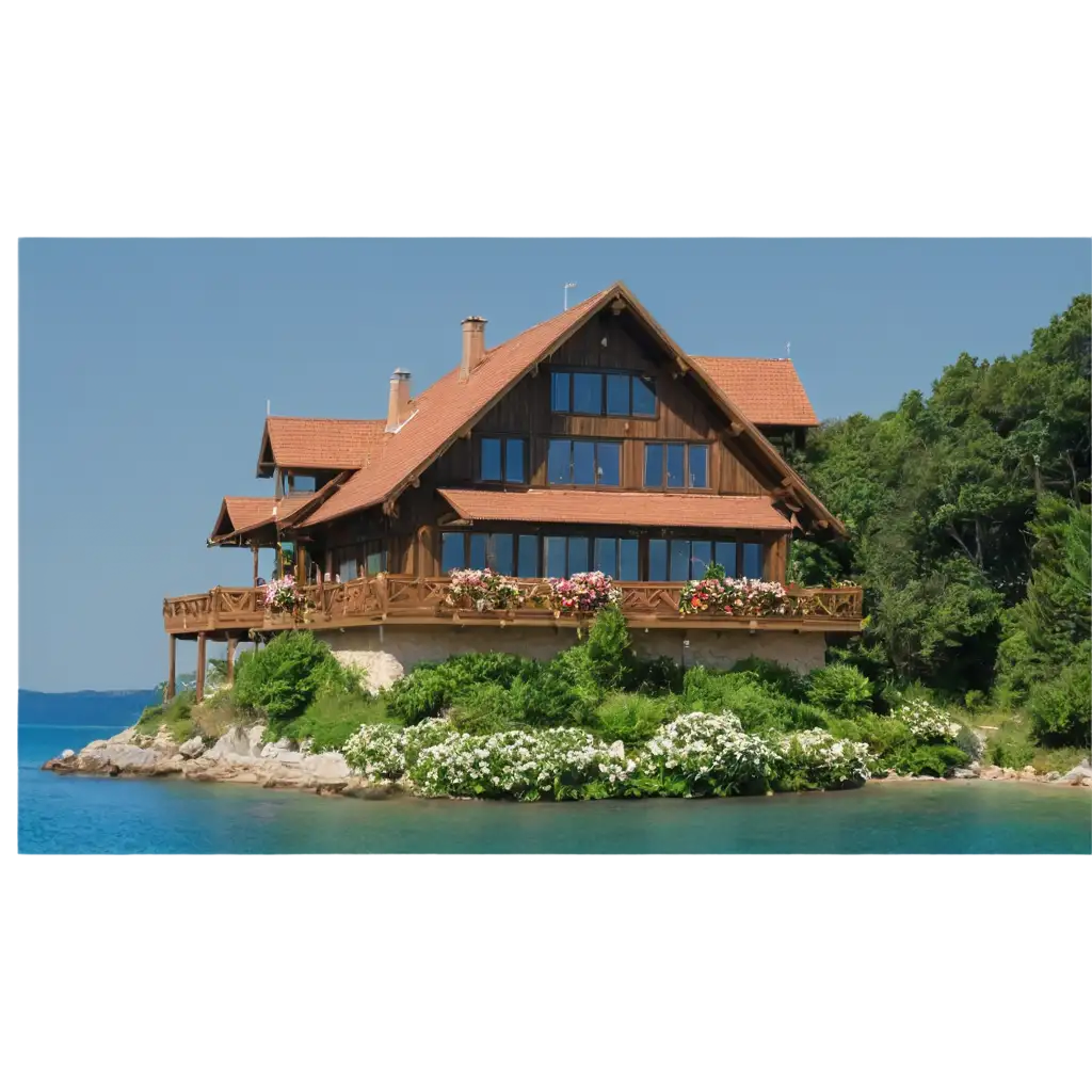 big wooden house with beautiful flower near sea
