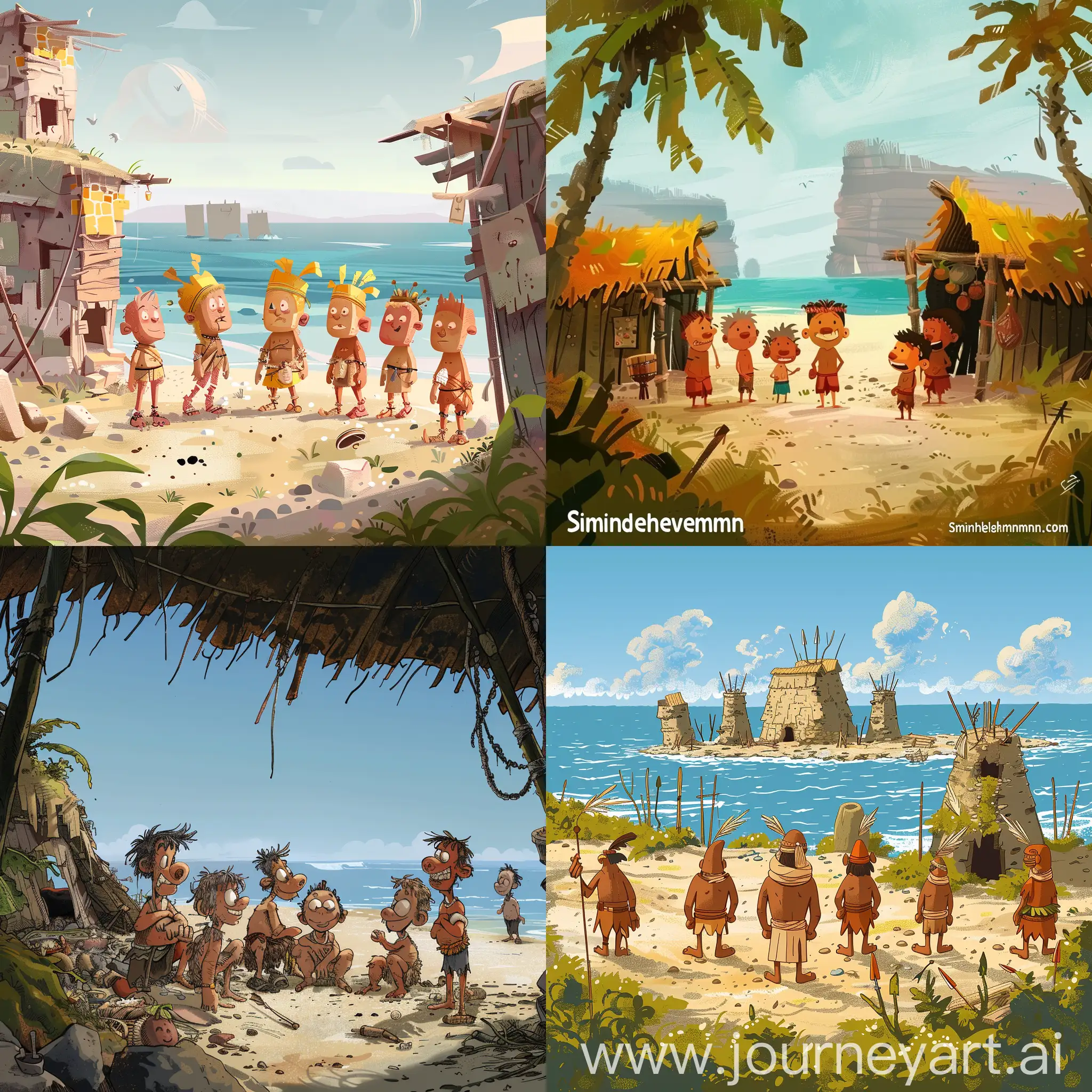 原始部落 ，破败，海边 ，卡通插画，6个人物远景，Simon hintermann