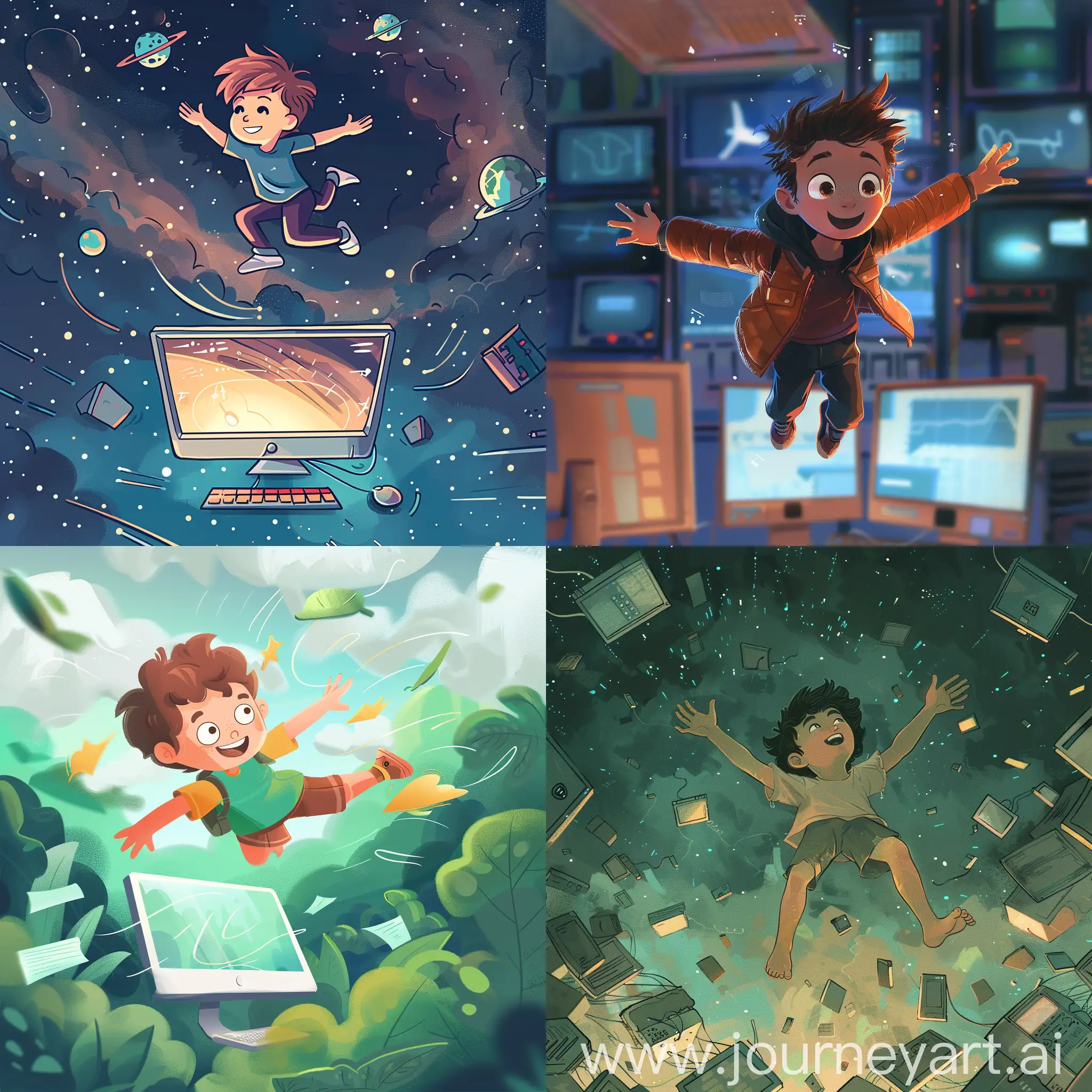 The boy is flying in a computer space, like a cartoon drawn