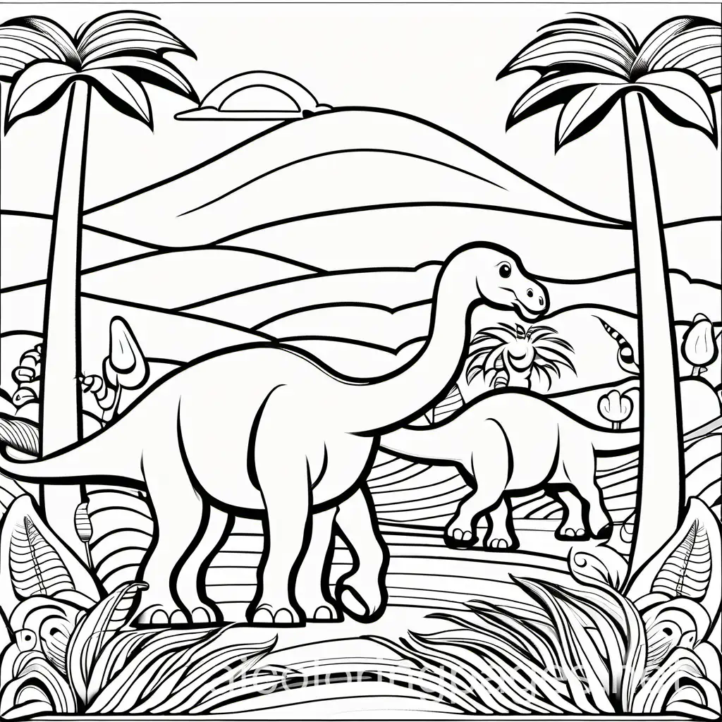 A family of Apatosaurus roaming together, their long necks entwined.
.Coloring Page, black and white, line art, white background, Simplicity, Ample White Space. The background of the coloring page is plain white to make it easy for young children to color within the lines. The outlines of all the subjects are easy to distinguish, making it simple for kids to color without too much difficulty, Coloring Page, black and white, line art, white background, Simplicity, Ample White Space. The background of the coloring page is plain white to make it easy for young children to color within the lines. The outlines of all the subjects are easy to distinguish, making it simple for kids to color without too much difficulty