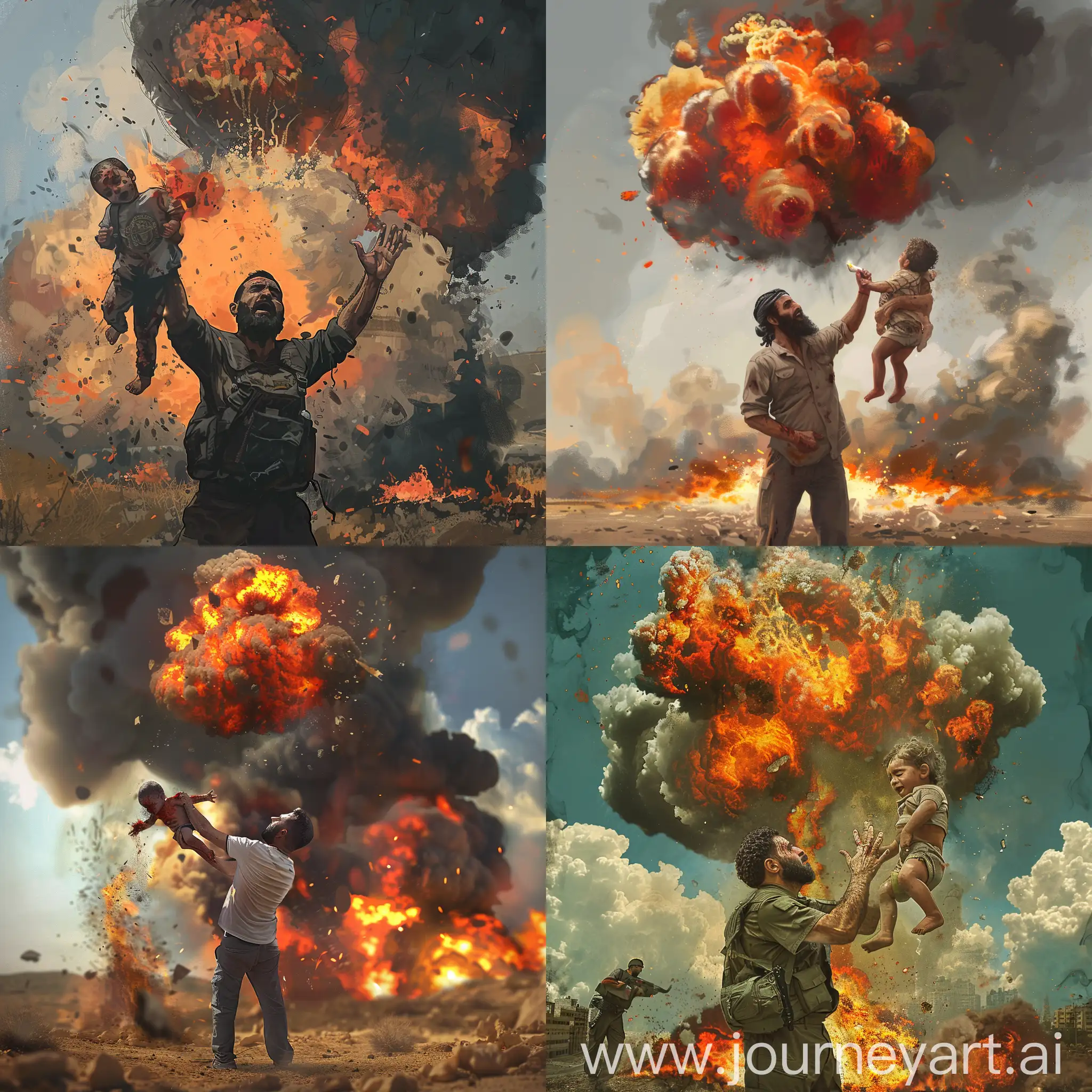 create a vintange-like illustration from 2d perspective of a palestinian father holding his dead child up where in the background there is a explosion going on along with big fire and smoke