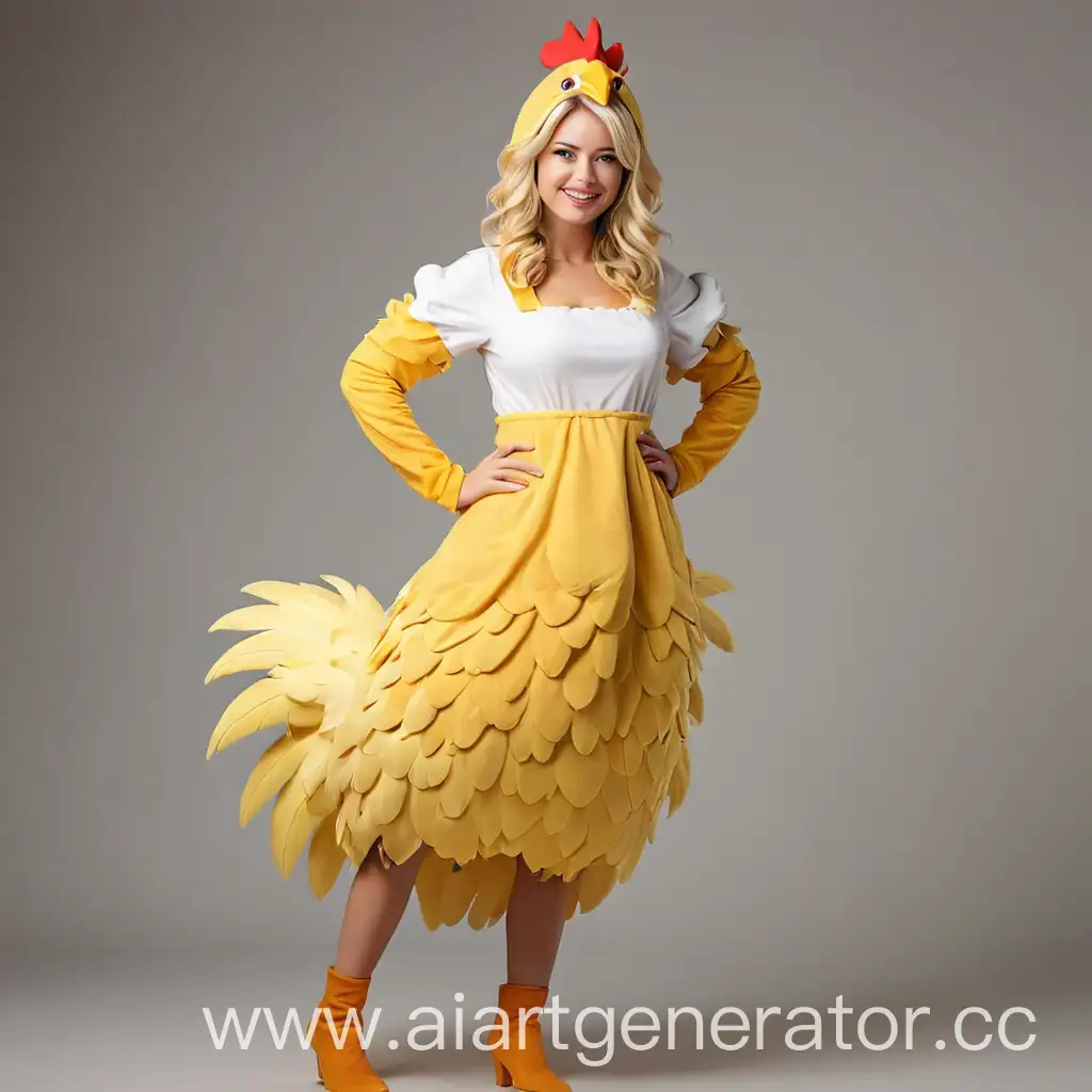 женщина блондинка в костюме курицы в полный рост