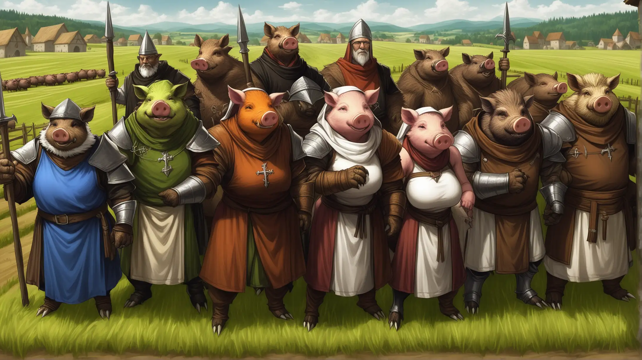 hybrid boar men, hybrid boar women, warriors, clerics, furry, farmland, Medieval fantasy