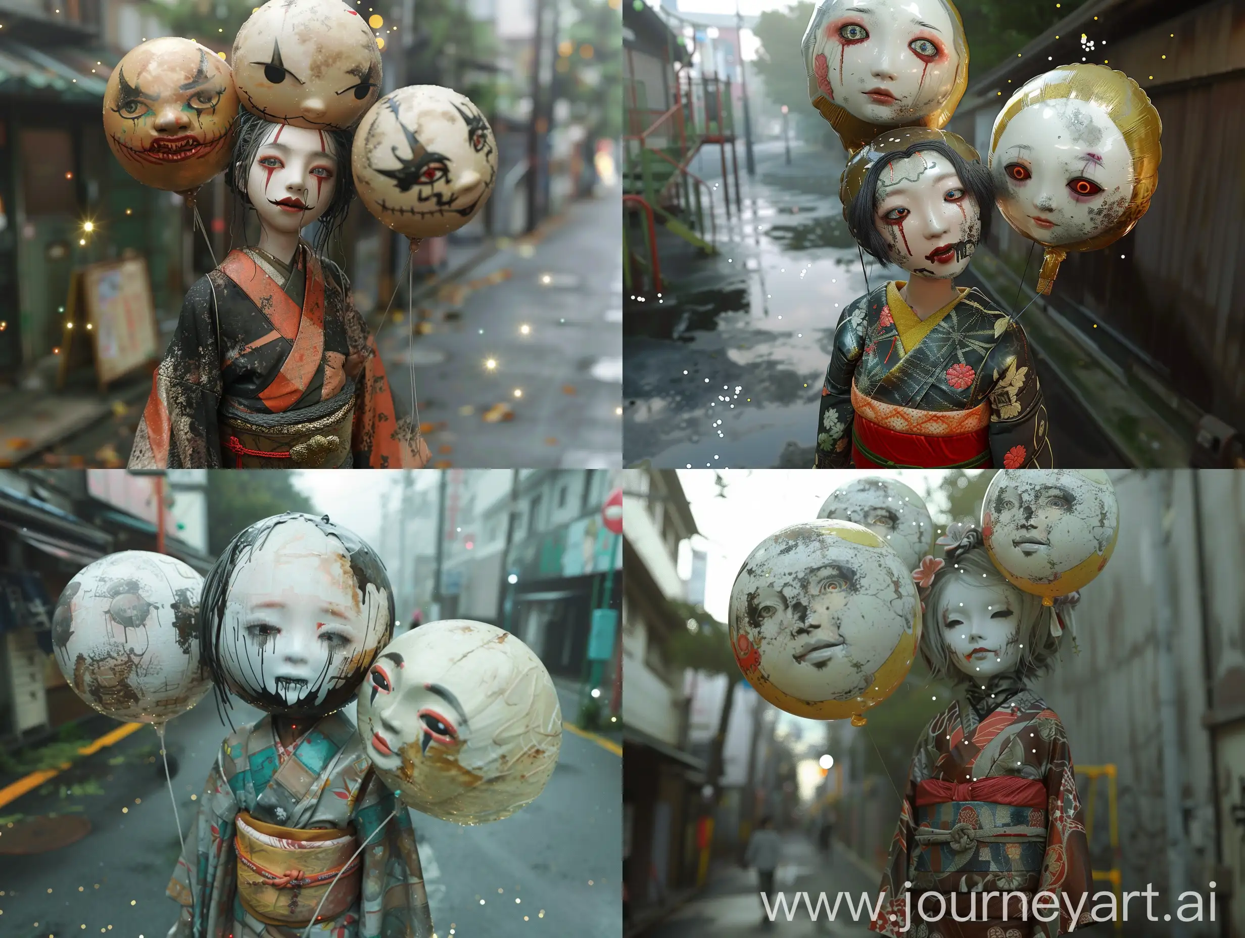 Japanese yokai ((( Her head like a giant balloon, fashionable clothing, floating in air )))scene, bird's eye view, Holding a few balloons with faces on them,  Streets of Shibuya Ward ((( far view, Abandoned playground in Tokyo)), Outdoor, Tilt, Nature, Photography, Light, Octane rendering, cinematic, realism, Using (((imagination))) to craft a photorealistic representation of an unusual fantasy dream, Amazing, shocking, Mysterious, Contrasty, gorgeous, evil, darkness, worn armor, fog, decayed, ivory colors, Memphis, magic sparkles lighting, The UHD camera captures every detail of this moment, highlighting the colors and textures. 