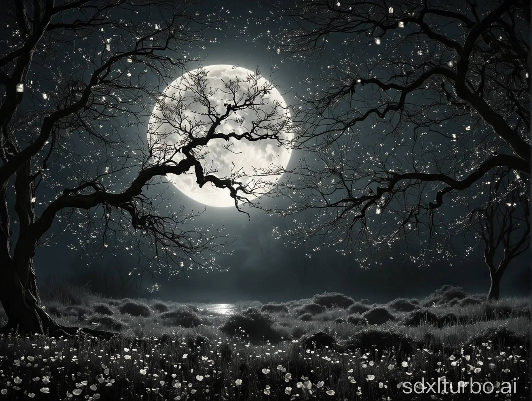 The night whispers softly under the caress of the full moon's pale luminance. A delicate veil of silver spills across slumbering fields and gently rolls over ancient tree branches reaching like lovers' arms to embrace the celestial light. The world lies in rapturous repose under this tender glow, at peace in the moon's nurturing embrace.nFrom the indigo heavens, the moon's golden eye smiles beneficently upon the dreaming earth below. Her radiant face, aglow with the delicate blush of an eternal maiden, lends each object its own gentle aura - trees become lamps lit from within, streams liquid ribbons of liquid pearl and diamonds.nIn those quiet hours before dawn's awakening, the world seems acquainted with magic and whispered secrets. Shadows soften into velvet cloaks perfumed with the scents of night-blooming jasmine and moonflowers uncurling in the lunar caress. Even the night breezes hold the promise of unseen mysteries as they rustle through silvered leaves in lingering susurrations.nIn this enchanted realm, the soul floats free - unfurled from weights of mortal trifles and ambitions. Transcendent tranquility reigns in the infinite depth of that moonlit ocean lapping against life's edges with divine rhythm. If one falls silent and surrenders fully to this ethereal tide's undertow, might we not finally emerge on the luminous shores of eternal truth?