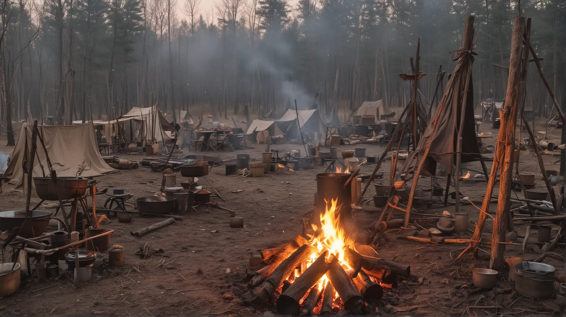 1880s Shanty Camp at Dusk with Makeshift Cooking Fire