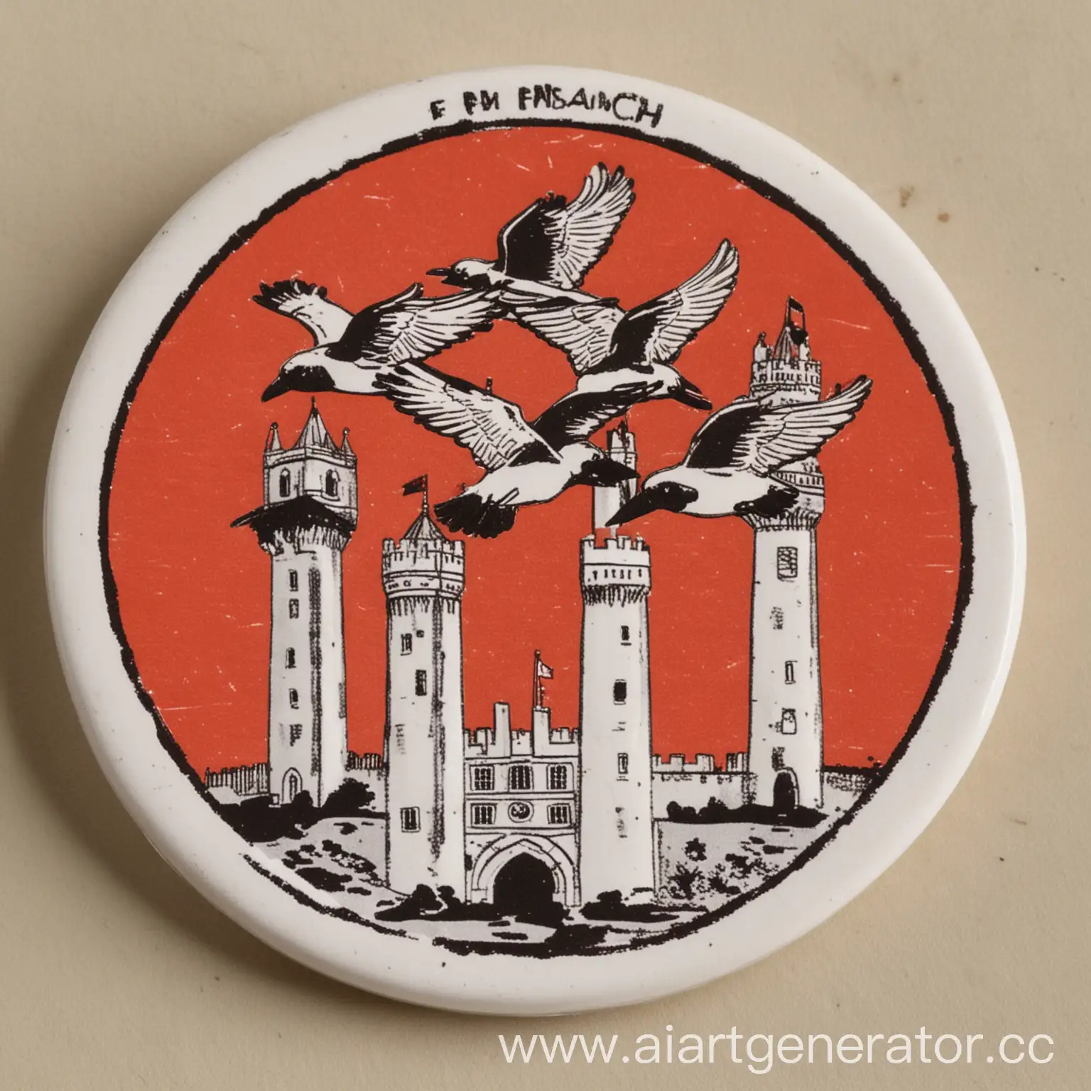 Football-Badge-with-Red-Background-Three-Towers-and-Birds-in-Flight