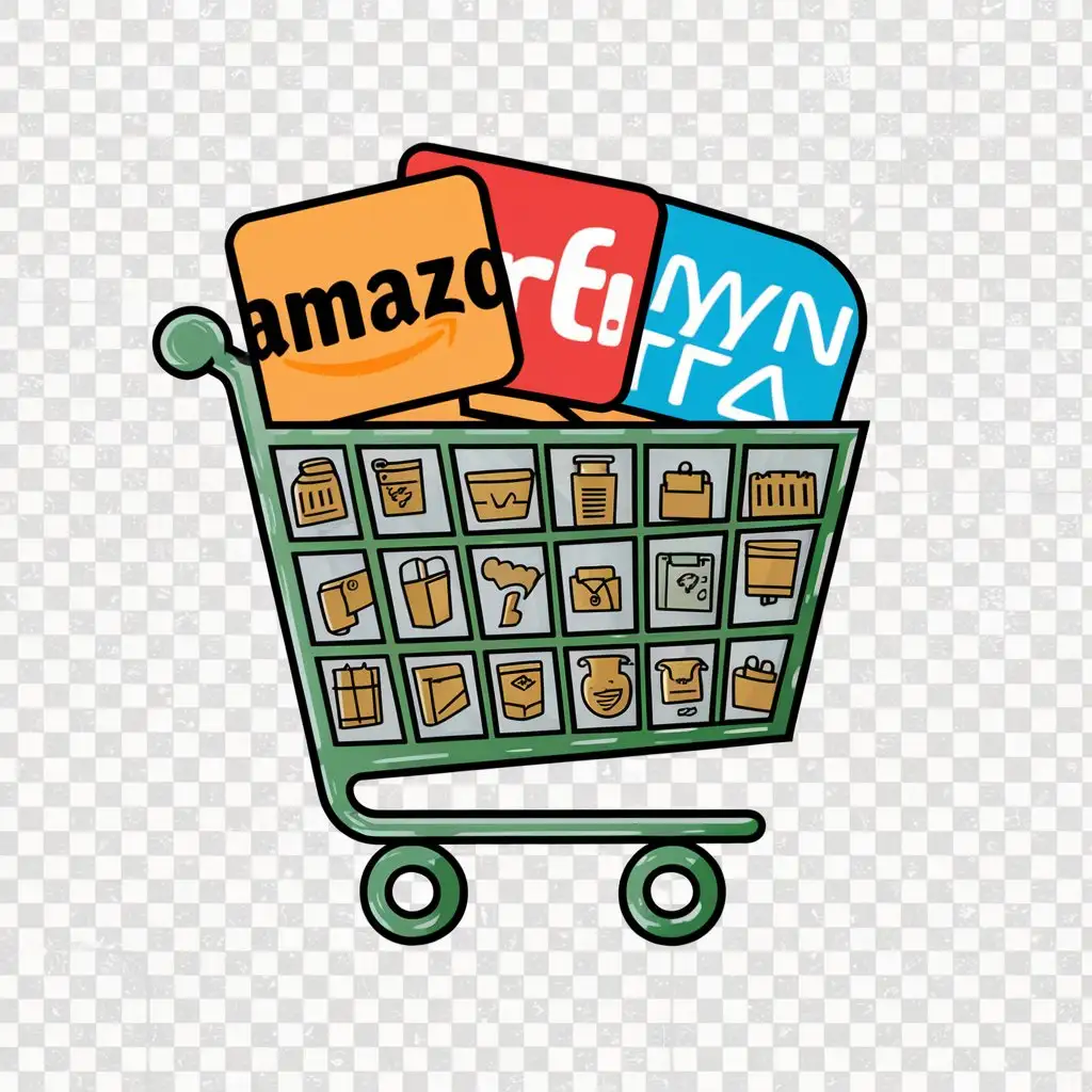 generate a application logo, here are the description:
- make a cart or shopping bag
- put all the shopping icons like amazon, flipkart, myntra inside it with some parts of the icon showing above the bag or cart
- put the main theme in light green
- put the logo in full size with transparent background